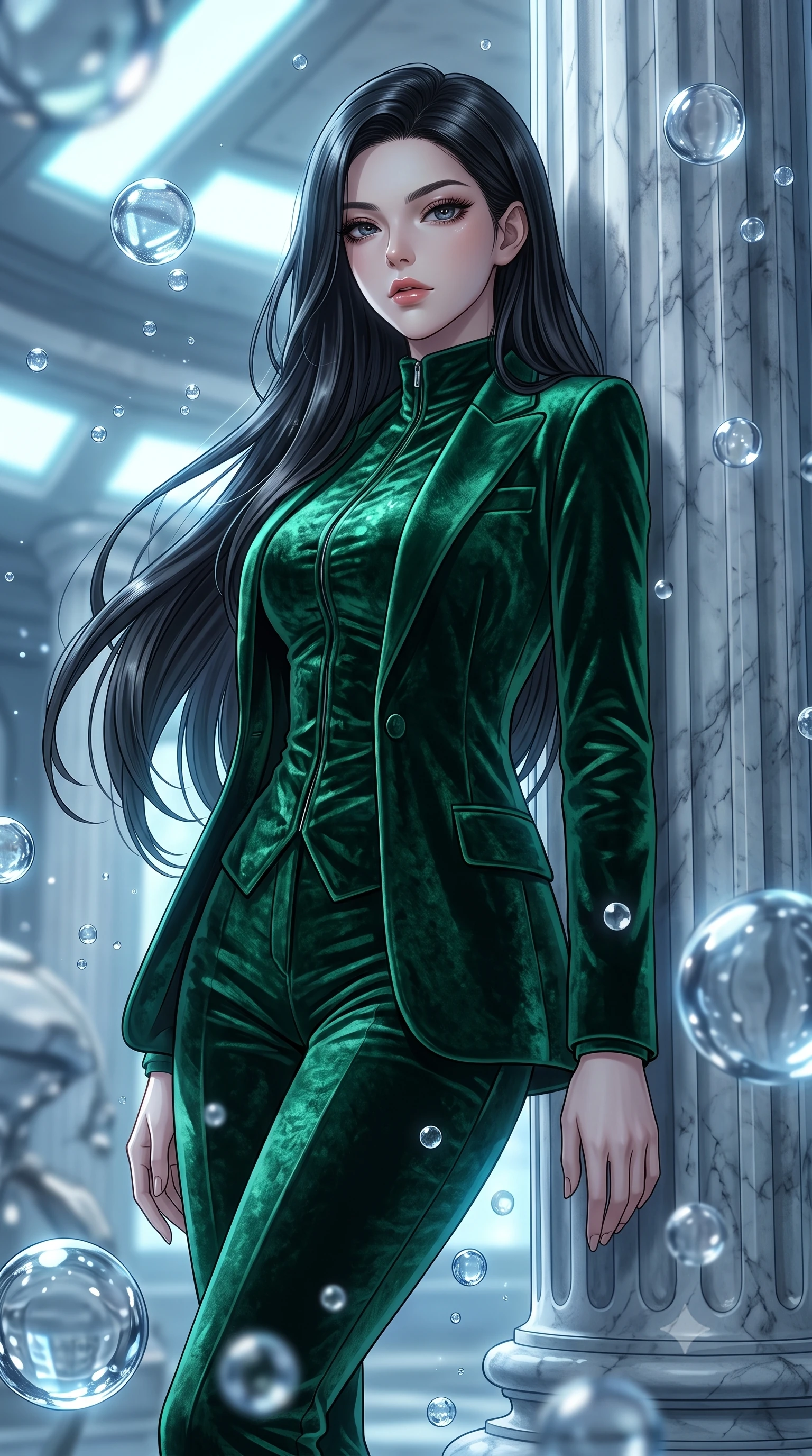 score_9, masterpiece, best quality, ultra-detailed, High-budget Anime Keyframe, East Asian woman. Low angle cowboy shot filling the entire 9:16 frame with her statuesque presence. Scenario 438: leaning against a cold marble pillar inside a zero-gravity sanctuary filled with floating water spheres. Her presence is magnetic and overpowering in this high-budget anime scene. Outfit 438: a body-hugging emerald green crushed velvet jacket layered under a structured velvet blazer. The clothing is designed to emphasize her exceptionally tall and slender 8-heads proportion. 8-heads proportion, towering silhouette, ultra-slim waist. sharp v-shaped jawline, intricate jewel-like eyes with depth, thick eyelashes, glossy lips. 2k, ultra detail, master piece, 9:16 ratio