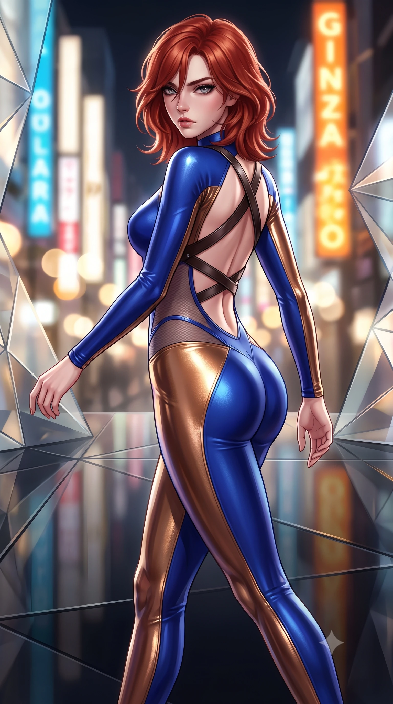 score_9, masterpiece, best quality, ultra-detailed, high-budget anime keyframe, semi-realistic 3D game render, editorial fashion photography, tasteful artistic composition, Korean woman. close-up cowboy shot from the waist and thighs up, the character dominates the composition, filling the frame with her large presence. leaning back with relaxed seductive grace, her sculpted collarbones and narrow waist highlighted as she casts smoldering bedroom-eyes directly into the camera while striding down the reflective gallery floor, her sleek aerodynamic outfit clinging to her narrow waist and long slender legs. The composition keeps background elements in soft focus with creamy bokeh. intricate geometric origami glass facets and glittering Ginza boulevard neon signs blurred into champagne, diamond-white, and electric amber bokeh. She has an exceptionally elegant, slender, and willowy female figure with an ultra-slim waist, flat toned midriff, narrow ribcage, and sculpted feminine hips creating an alluring, slim hourglass silhouette without bulk. sharp v-shaped jawline, high-bridge nose, intricate jewel-like eyes with depth, thick eyelashes, glossy parted lips with a natural sheen, intensely captivating and seductive bedroom-eyes expression, flawlessly proportioned anatomical accuracy, strict slender model proportions, natural body alignment, perfectly sculpted long slender limbs, ultra-slim waistline, clean dynamic posture without body distortion. wearing a second-skin compression catsuit with an open back and sheer mesh side waist contouring in royal sapphire blue and liquid bronze, crafted from luxurious metallic lamé that shifts radiance with every step, featuring an open-back criss-cross harness strap in dark leather, the liquid-tight tailored fabric clinging flawlessly to her narrow waist and rounded feminine hips, emphasizing every millimeter of her sculpted slim hourglass curves without any bulky heaviness. illuminated by crisp crystal facet specular glints sharply defining her sculpted collarbones, ultra-slim waist, and curvy hips. highly saturated vibrant anime colors, detailed shading with soft gradients, rich glossy textures, high-contrast stereoscopic depth, volumetric dynamic lighting, master piece, 9:16 ratio