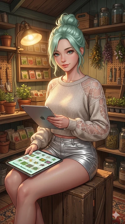 score_9, masterpiece, best quality, ultra-detailed, high-budget anime keyframe, semi-realistic 3D game render, Japanese woman. Upper body close-up from the thighs up, character filling the screen for maximum presence. Inside a cozy garden shed, readi