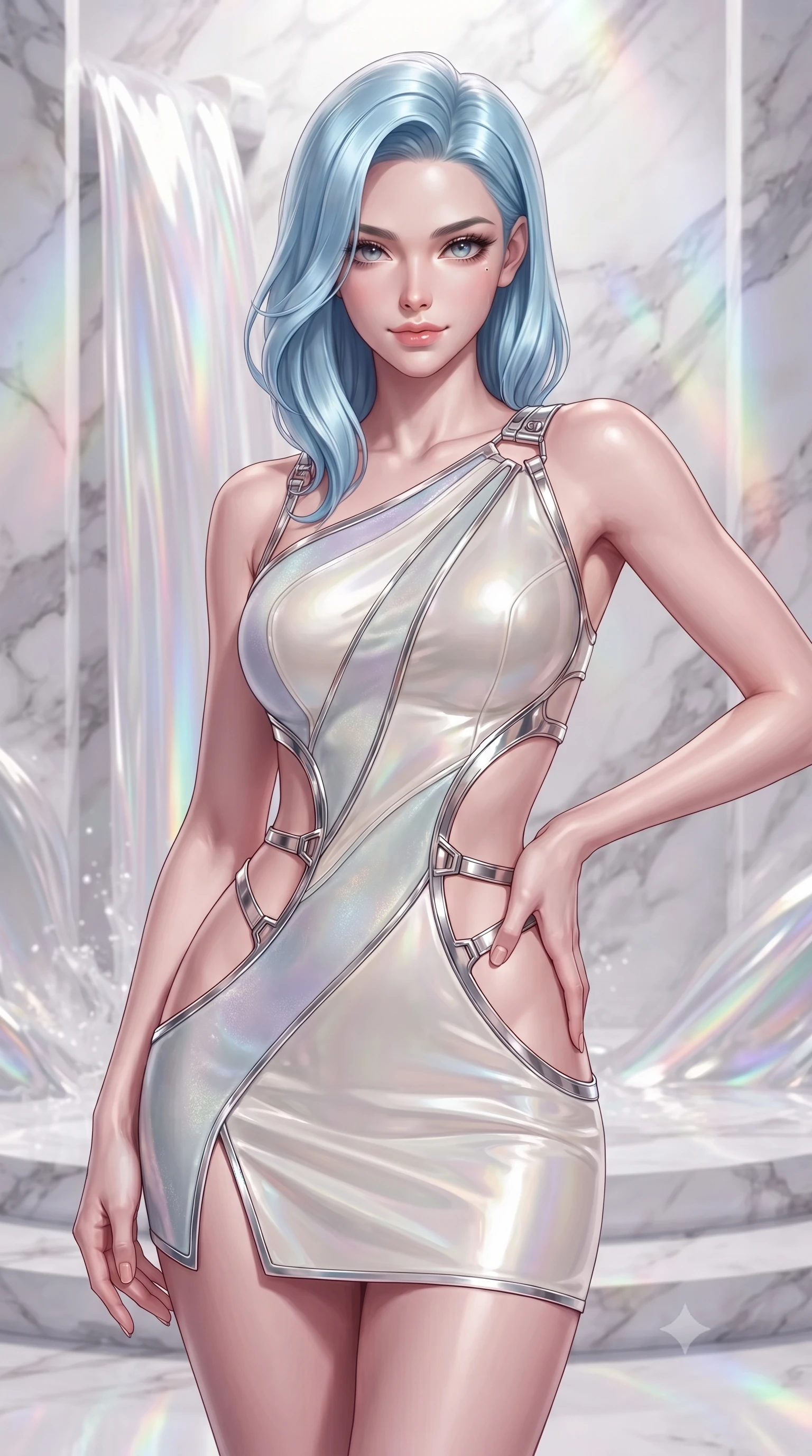score_9, masterpiece, best quality, ultra-detailed, high-budget anime keyframe, editorial fashion photography, tasteful artistic composition, Korean woman. close-up cowboy shot from the waist and thighs up, the character dominates the composition, filling the frame with her large presence, background elements kept in soft focus. Smiling with quiet, magnetic self-assurance directly into the camera, standing beside a cascading waterfall of liquid pearl and iridescent mercury in a marble sanctuary, sculptural elegance of liquid metal contrasting with soft silk textures. She has an exceptionally elegant, slender, and willowy female figure with an ultra-slim waist, a gracefully sculpted slender torso, and a refined silhouette. sharp v-shaped jawline, high-bridge nose, intricate jewel-like eyes with depth, thick eyelashes, glossy lips with a natural sheen. wearing dramatic open-waist cutout mini dress in opal velvet framed by chrome hardware in glowing ivory, made of high-gloss liquid pearl vinyl, highlighted by a platinum metallic harness structure, highlighting her statuesque proportions and ultra-slim waistline. bathed in soft pastel rainbow light and luminous white ambient glow. highly saturated vibrant anime colors, detailed shading with soft gradients, rich glossy textures, high-contrast stereoscopic depth, volumetric dynamic lighting, master piece, 9:16 ratio