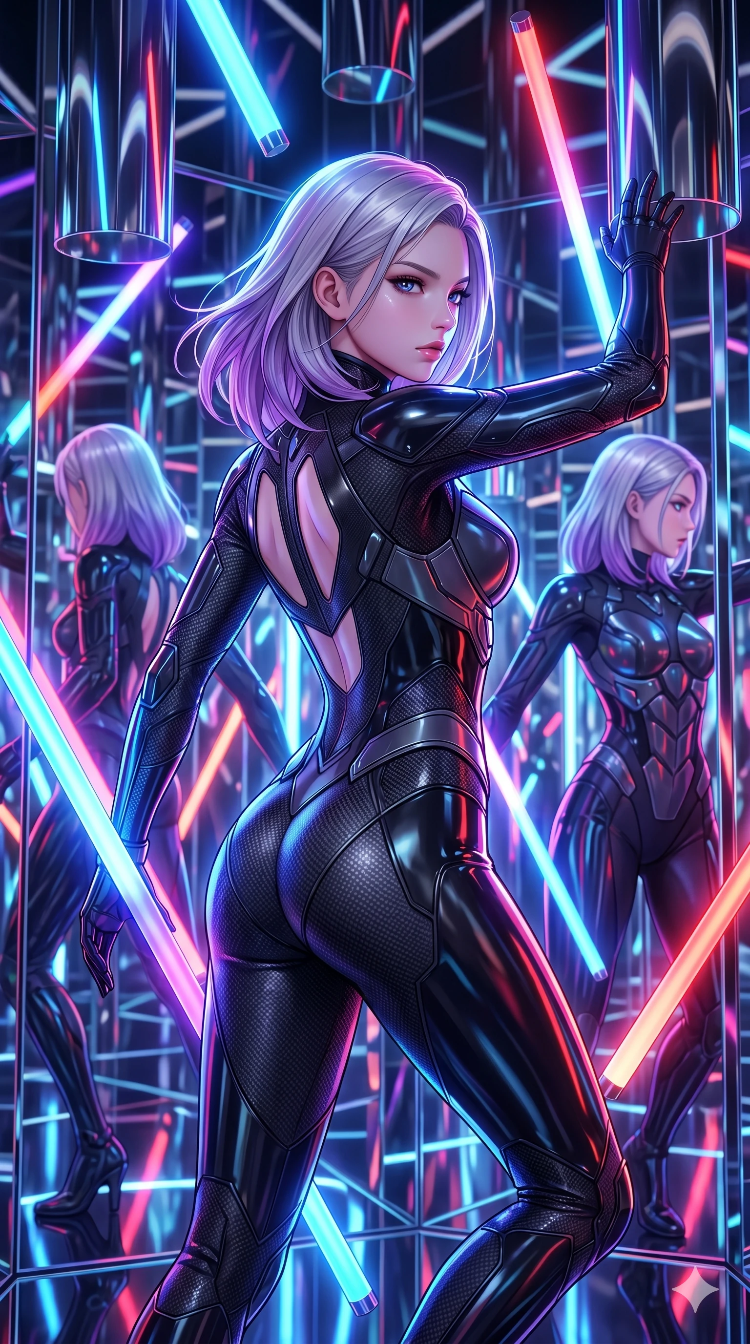 score_9, masterpiece, best quality, ultra-detailed, high-budget anime keyframe, Caucasian woman, strictly human ears. upper body close-up from the thighs up, character filling the screen for maximum presence. navigating a kinetic light-sculpture mirror maze, passing between floating chromium mirror pillars and rotating LED sticks. She has an absolutely perfect 8-heads proportion, an exceptionally tall and slender female figure with impossibly long slender legs and an ultra-slim waist. V-shaped jawline, high-bridge nose, intricate jewel-like eyes with depth, thick eyelashes, glossy lips with a natural sheen.. wearing a form-form-sculpting carbon fiber combat suit, featuring matte carbon fiber and glossy latex panels with elegant slitted cutouts on the upper back. bathed in brilliant cinematic volumetric lighting and intense neon rim light highlighting her slender form. 2k, ultra detail, master piece, 9:16 ratio