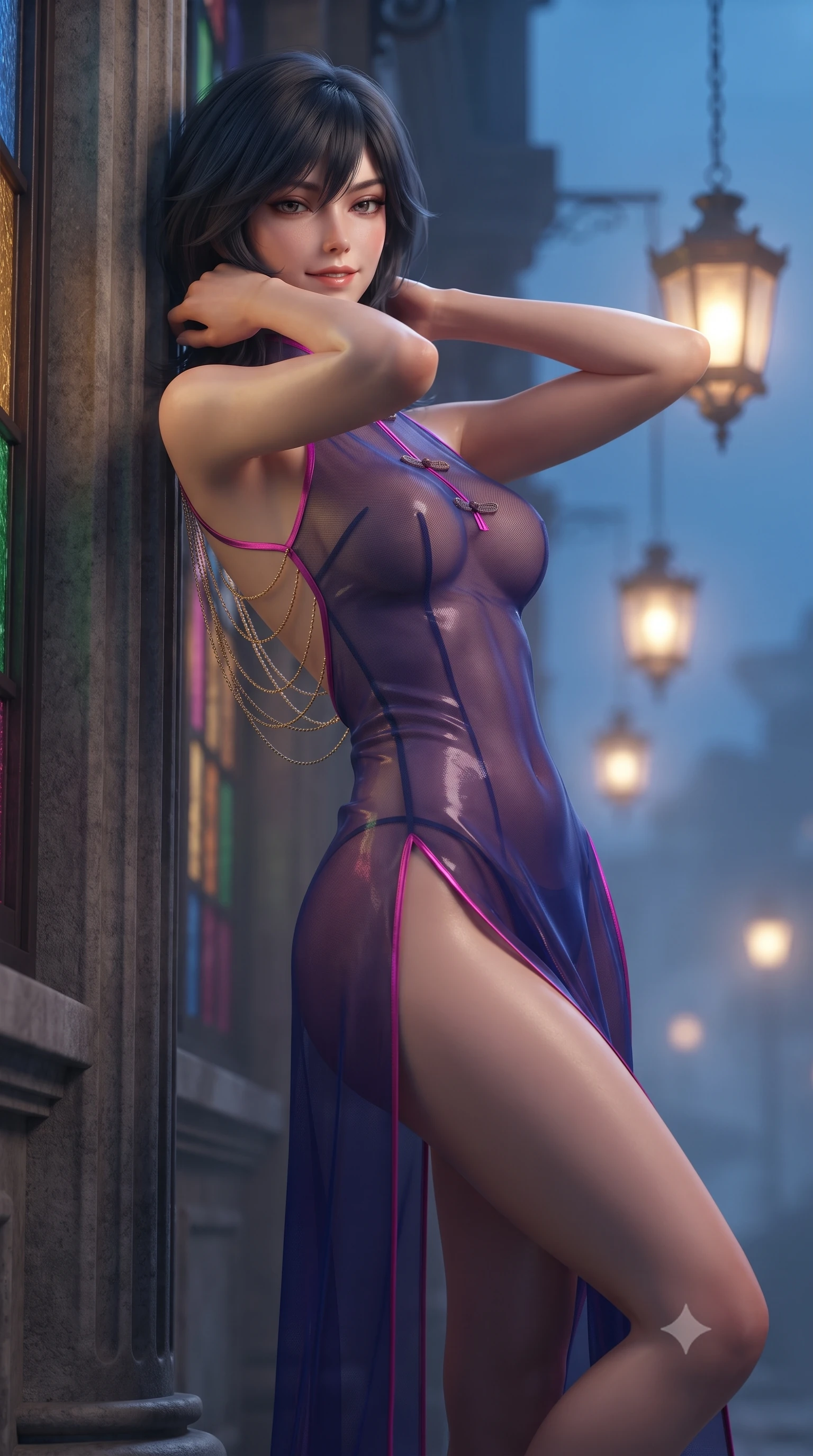 score_9, masterpiece, best quality, ultra-detailed, high-budget anime keyframe, editorial fashion photography, tasteful artistic composition, Caucasian woman. close-up cowboy shot from the waist and thighs up, the character dominates the composition, filling the frame with her large presence. resting both hands lightly behind her neck with elbows raised, arching her spine to highlight her narrow waist, flat midriff, and breathtaking collarbones while leaning against the fluted stone veranda column with hips cocked back, looking through multi-colored stained glass windows with heavy-lidded bedroom-eyes. The background shows a soft-focus hanging brass gas lanterns softened in romantic colonial Shanghai nocturnal romance shallow focus. She has an exceptionally elegant, slender, and willowy female figure with an ultra-slim waist, flat toned midriff, narrow ribcage, and sculpted feminine hips creating an alluring, slim hourglass silhouette without bulk. sharp v-shaped jawline, high-bridge nose, intricate jewel-like sparkling eyes with depth, thick eyelashes, glossy parted lips with a natural peach sheen, bright cheerful beaming smile with an enchanting and coquettish sensual glint, exuding both youthful cute charm and seductive allure, flawlessly proportioned anatomical accuracy, strict slender model proportions, natural body alignment, perfectly sculpted long slender limbs, ultra-slim waistline, clean dynamic posture without body distortion. wearing a provocative sheer silk organza modern qipao dress with dramatic hip-high side slits and translucent mesh frog-button bodice in Huangpu midnight sapphire and neon magenta, woven from fine semi-opaque stretch illusion mesh tracing her slender contours, accented with an open-back drape framed by falling strands of delicate gold chains, the glove-like clinging cut tightly following the natural contour of her hips and long slender legs with youthful 8.5-heads elegance. bathed in the romantic amber 2200K gas lantern glow contrasted with cool midnight mist and blue sky fill. ultra-reflective glossy finish, specular highlights, rich textural contrasts, high-contrast stereoscopic depth, volumetric dynamic lighting, 2k, ultra detail, master piece, 9:16 ratio