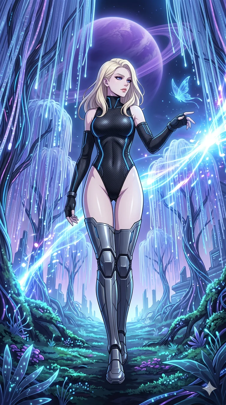 score_9, masterpiece, best quality, ultra-detailed, High-budget Anime Keyframe, vibrant colors, fluid line-art, expressive lighting, cinematic composition, Ufotable-style visual effects, top-tier animation quality, Caucasian woman with pale skin, blonde hair, and (strictly human ears). Cinematic low angle perspective showcasing her towering height and perfect 8-heads proportion. Walking through a futuristic digital forest where the trees are made of fiber-optics and glowing data streams, interacting with bioluminescent wildlife. She has an absolutely perfect 8-heads proportion, an exceptionally tall and slender female figure with impossibly long slender legs and an ultra-slim waist, her statuesque height and towering silhouette dominating the vertical 9:16 frame. Her face is a masterpiece featuring a sharp v-shaped jawline, high-bridge nose, intricate jewel-like eyes with depth, thick eyelashes, and glossy lips with a natural sheen. She is wearing a Asymmetrical high-cut tech-bodysuit with detached sleeves and glowing fiber-optic seams crafted from Carbon-fiber weave with a high-tech matte finish and integrated glowing filaments, accompanied by sensual fishnet stockings and thigh-high metallic boots. The scene is set in a mysterious alien planet with bioluminescent purple flora and a giant ringed planet in the sky, illuminated by intense energy flares from her powers illuminating the scene with brilliant light. 2k, ultra detail, master piece, 9:16 ratio