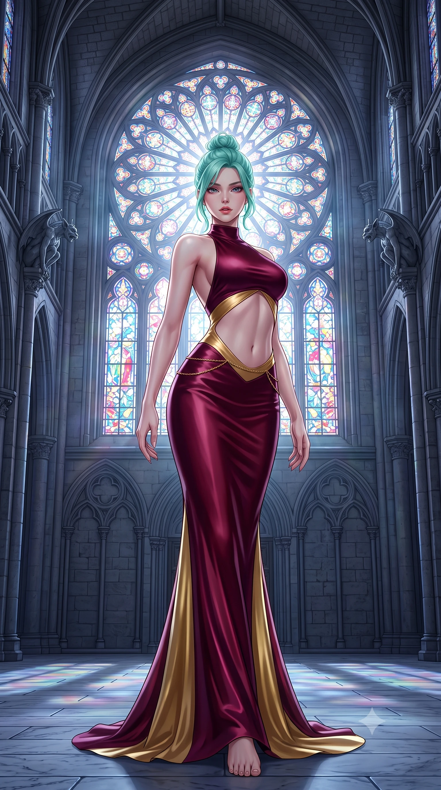 score_9, masterpiece, best quality, ultra-detailed, high-budget anime keyframe, semi-realistic 3D game render, editorial fashion photography, tasteful artistic composition, Japanese woman. low angle full-body shot from head to toe showing her feet, filling the entire 9:16 vertical frame with her statuesque presence, stretching her vertical silhouette. striding forward in a proud, dynamic supermodel runway stride, hips swaying in an alluring kinetic rhythm that stretches her silhouette while arching her back in an alluring dance-like pause as moonlight pours through a colossal rose stained-glass window. The surrounding environment is rendered in vivid detail and crisp panoramic clarity. intricate stone rib vaulting, gothic gargoyle carvings, and cold marble flagstone textures in deep focus. She has an absolutely perfect, statuesque 8.5-heads proportion, an exceptionally tall and slender model-like female figure with impossibly long slender legs, a toned flat midriff, and an ultra-slim waist. sharp v-shaped jawline, high-bridge nose, intricate jewel-like eyes with depth, thick eyelashes, glossy parted lips with a natural sheen, intensely captivating and seductive expression, flawlessly proportioned anatomical accuracy, strict slender model proportions, natural body alignment, perfectly sculpted long slender limbs, ultra-slim waistline, clean dynamic posture without body distortion. wearing a sculptured liquid-satin mermaid gown with an architectural open-waist cutout and bare spine in deep royal wine burgundy and liquid gold, made of fluid silk crepe with delicate inner corsetry boning, complemented by a delicate gold waist chain framing her ultra-slim silhouette, the glove-like aerodynamic second-skin fit tightly clinging to her ultra-slender waist and feminine curves without adding bulk. surrounded by an immortal, transcendent, and breathtakingly majestic gothic siren aura. highly saturated vibrant anime colors, detailed shading with soft gradients, rich glossy textures, high-contrast stereoscopic depth, volumetric dynamic lighting, master piece, 9:16 ratio