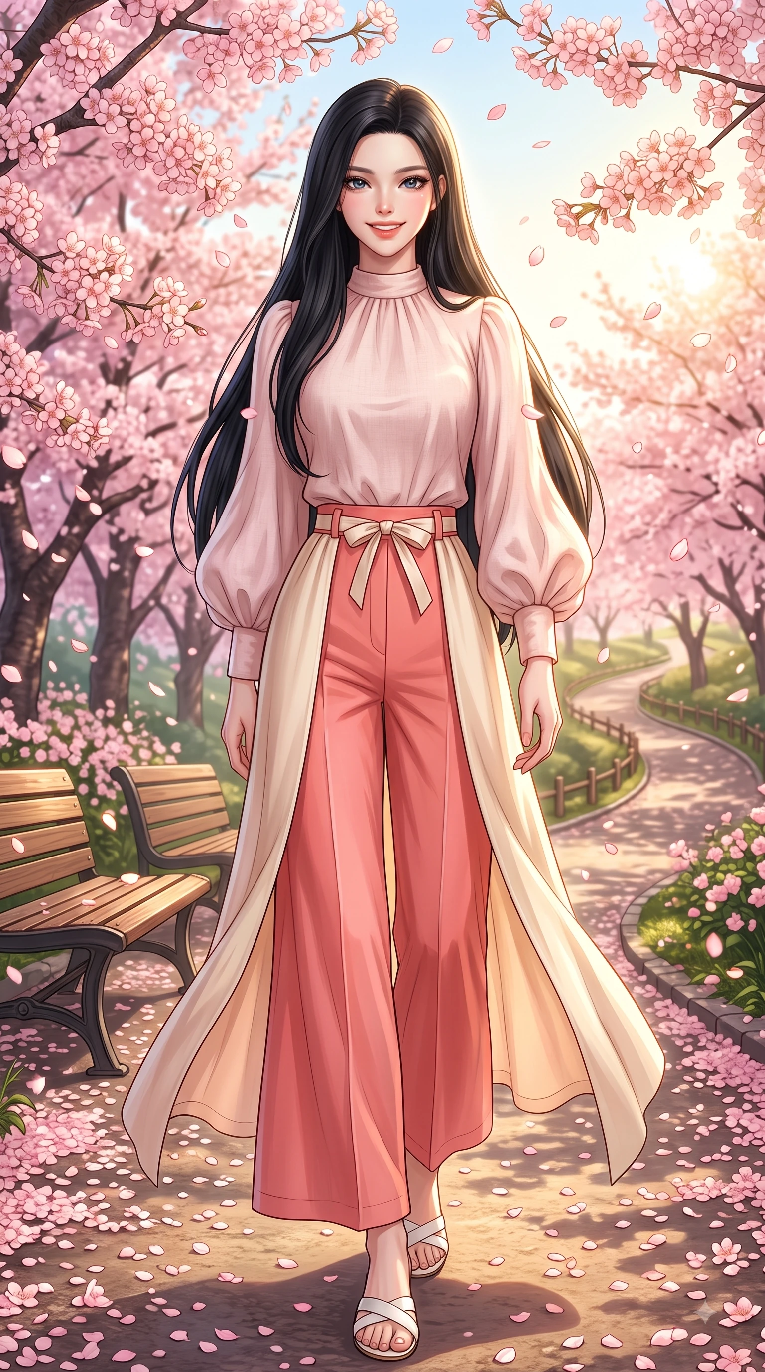 score_9, masterpiece, best quality, ultra-detailed, high-budget anime keyframe, editorial fashion photography, tasteful artistic composition, Korean woman. low angle full-body shot from head to toe showing her feet, filling the entire 9:16 vertical frame with her statuesque presence, stretching her vertical silhouette. walking forward in a proud dynamic stride with a cheerful beaming smile, her vertical silhouette filling the frame while pivoting dynamically with a beaming smile as delicate pink cherry blossom petals shower around her. The surrounding environment is rendered in vivid detail and crisp panoramic clarity. delicate cherry blossom petal clusters, wooden park benches, and historic hill paths in crisp detail. She has an absolutely perfect, statuesque 8.5-heads proportion, an exceptionally tall and slender model-like female figure with impossibly long slender legs and an ultra-slim waist. sharp v-shaped jawline, high-bridge nose, intricate jewel-like eyes with depth, thick eyelashes, glossy lips with a natural sheen, flawlessly proportioned anatomical accuracy, natural body alignment, perfectly sculpted elegant limbs, clean dynamic posture without body distortion. wearing an elegant pastel linen blouse with puff sleeves and high-waisted wide-leg trousers in warm coral pink and champagne ivory, tailored from crisp cotton poplin, accented with a dainty waist ribbon bow, the soft airy drape swaying gracefully with her dynamic movements. bathed in bright morning sunbeams and warm golden sakura backlighting. highly saturated vibrant anime colors, detailed shading with soft gradients, rich glossy textures, high-contrast stereoscopic depth, volumetric dynamic lighting, master piece, 9:16 ratio