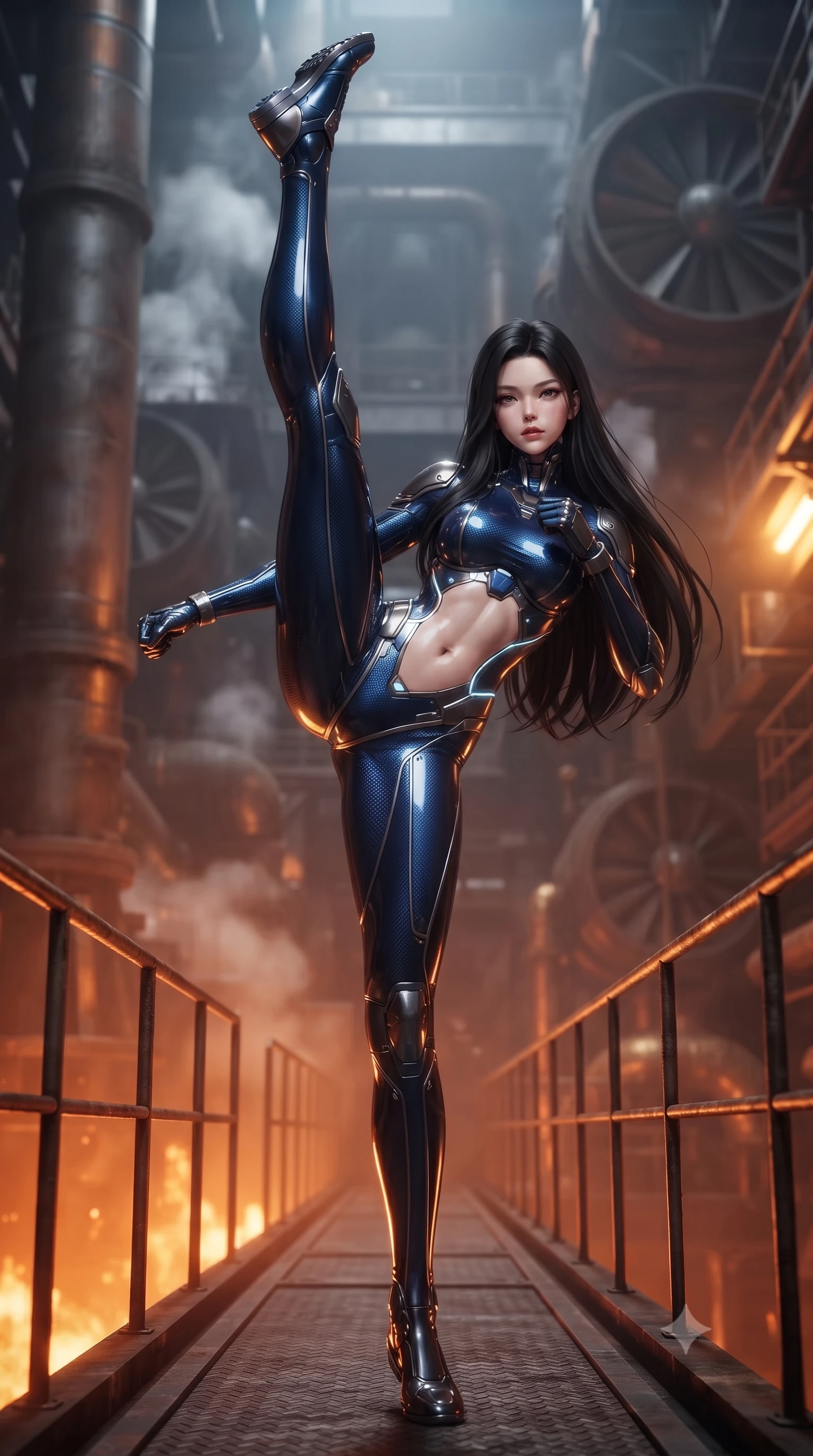 score_9, masterpiece, best quality, ultra-detailed, high-budget anime keyframe, editorial fashion photography, tasteful artistic composition, Korean woman. low angle full-body shot from head to toe showing her feet, filling the entire 9:16 vertical frame with her statuesque presence, stretching her vertical silhouette. executing a breathtaking zero-gravity high-kick with full 180-degree vertical extension, her impossibly long slender legs dominating the frame with razor-sharp poise while striding commanding across the narrow catwalk with arms held in loose, deadly martial readiness. The composition keeps background elements in soft focus with creamy bokeh. massive industrial reactor pipes and steam exhaust turbines softened in atmospheric shallow focus. She has an absolutely perfect, statuesque 8.5-heads proportion, an exceptionally tall and slender model-like female figure with impossibly long slender legs, a toned flat midriff, and an ultra-slim waist. sharp v-shaped jawline, high-bridge nose, intricate jewel-like eyes with depth, thick eyelashes, glossy lips with a natural sheen, flawlessly proportioned anatomical accuracy, strict slender model proportions, natural body alignment, perfectly sculpted long slender limbs, ultra-slim waistline, clean dynamic posture without body distortion. wearing a statuesque midnight cobalt carbon-fiber battle-suit with platinum trim, reinforced kinetic palm plates, and an ultra-slim waistline in electric cobalt blue carbon with polished platinum trim, crafted from ultra-strong woven carbon-fiber composite with a satin luster, accented with glowing fiber-optic conduits tracing her collarbones and hip curves, the precision-cut daring openings accentuating her delicate midriff, graceful bare collarbones, and ultra-slim feminine waistline. bathed in blazing orange magma uplights and warm amber reactor ambient radiance. ultra-reflective glossy finish, specular highlights, dark metallic sheen, high-contrast stereoscopic depth, volumetric dynamic lighting, 2k, ultra detail, master piece, 9:16 ratio