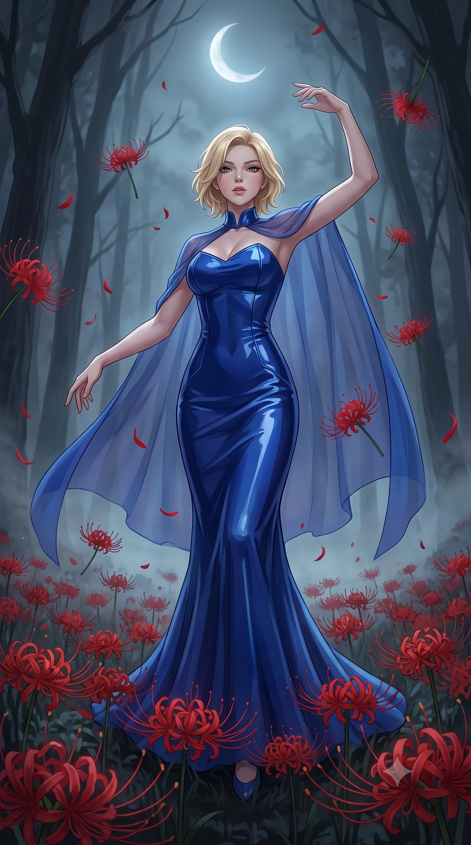 score_9, masterpiece, best quality, ultra-detailed, High-budget Anime Keyframe, Caucasian woman, strictly human ears. Low angle cowboy shot filling the entire 9:16 frame with her statuesque presence. Scenario 417: dancing amidst falling red spider lilies inside a misty dark forest under a crescent moon with red spider lilies blooming. Her presence is magnetic and overpowering in this high-budget anime scene. Outfit 417: a tailored cobalt blue patent leather gown draped with a semi-transparent chiffon cape. The clothing is designed to emphasize her exceptionally tall and slender 8-heads proportion. 8-heads proportion, towering silhouette, ultra-slim waist. sharp v-shaped jawline, intricate jewel-like eyes with depth, thick eyelashes, glossy lips. 2k, ultra detail, master piece, 9:16 ratio