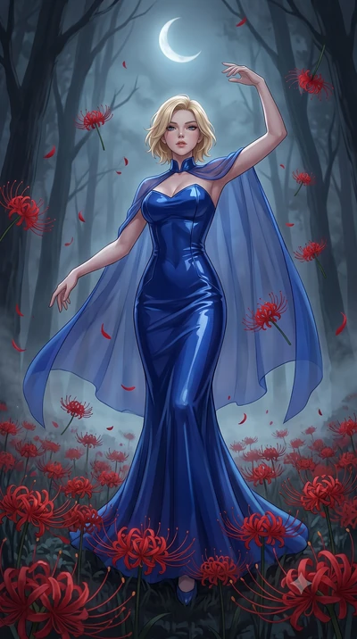 score_9, masterpiece, best quality, ultra-detailed, High-budget Anime Keyframe, Caucasian woman, strictly human ears. Low angle cowboy shot filling the entire 9:16 frame with her statuesque presence. Scenario 417: dancing amidst falling red spider li