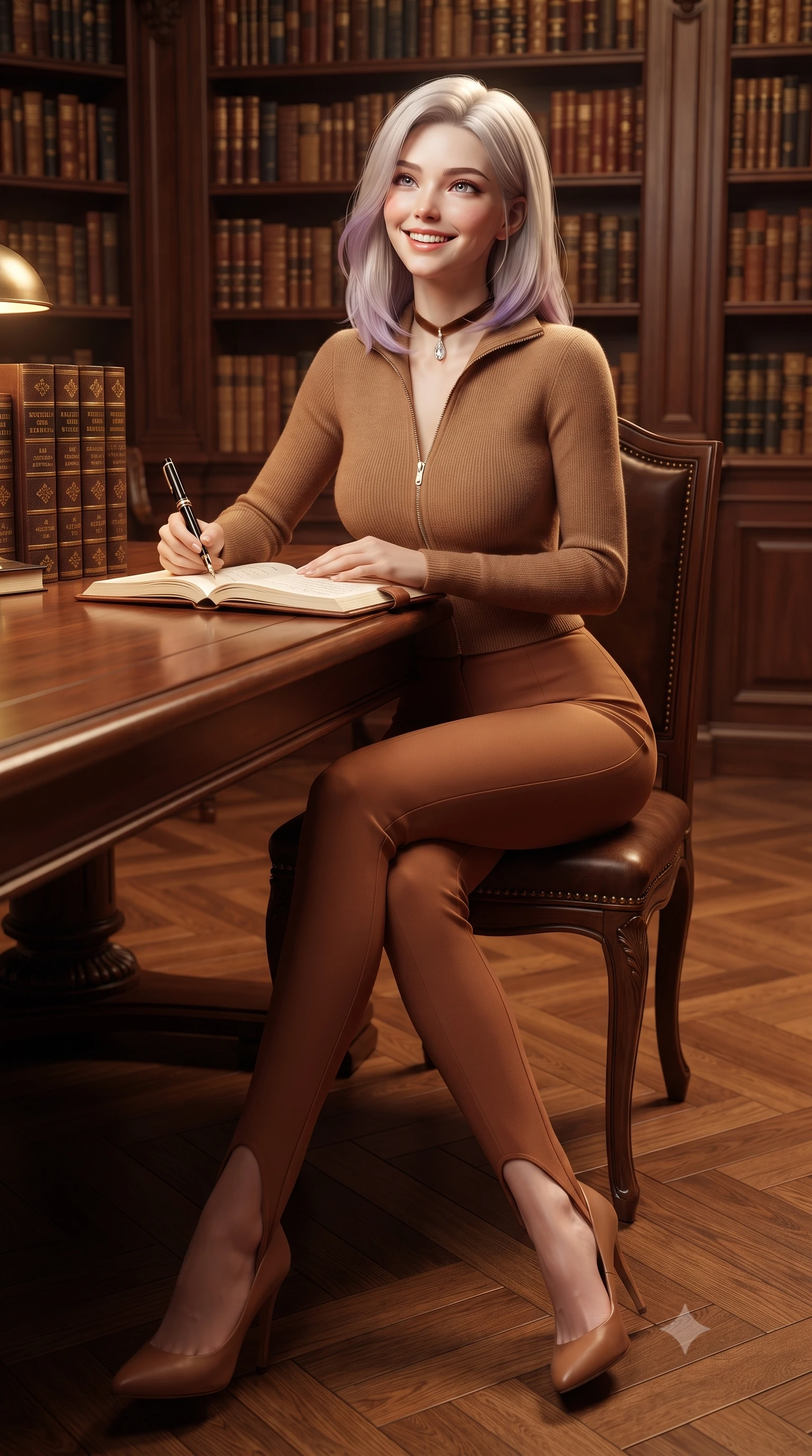 score_9, masterpiece, best quality, ultra-detailed, high-budget anime keyframe, editorial fashion photography, tasteful artistic composition, Caucasian woman. low angle full-body shot from head to toe showing her feet, filling the entire 9:16 vertical frame with her statuesque presence, stretching her vertical silhouette. stepping forward gracefully in mid-motion with a radiant beaming smile, hips swaying with supermodel rhythm as her vertical silhouette fills the frame while sitting gracefully at the long polished mahogany study table with legs crossed, holding a fountain pen while looking up with a cheerful, captivating gaze. The surrounding environment is rendered in vivid detail and crisp panoramic clarity: sharp carved oak tracery on book stacks, gold-embossed spine lettering, and polished parquet flooring grain in deep focus. She has an exceptionally tall and slender model-like 8.5-heads proportion, an ultra-slim waist, a flat toned midriff, narrow delicate ribcage, and beautifully sculpted feminine hips creating a graceful, slim hourglass silhouette without any bulky heaviness, with impossibly long slender legs. sharp v-shaped jawline, high-bridge nose, intricate jewel-like sparkling eyes with depth, thick eyelashes, glossy parted lips with a natural peach sheen, bright cheerful beaming smile with an enchanting and coquettish sensual glint, exuding both youthful cute charm and seductive allure, flawlessly proportioned anatomical accuracy, strict slender model proportions, natural body alignment, perfectly sculpted long slender limbs, ultra-slim waistline, clean dynamic posture without body distortion. wearing a body-hugging thermal cashmere zip-front ski sweater paired with sleek high-waisted stretch stirrup trousers in warm winter cinnamon and toasted caramel, woven from stretch metallic lurex knit casting subtle luminous champagne glints across her contours, finished with a narrow velvet neck ribbon and a sparkling teardrop crystal pendant, the snug waist-cinching tailoring accentuating her ultra-slim waistline and the enchanting curve of her feminine hips with alluring seductive charm. illuminated by oak bookshelf reflection fill and soft champagne-gold rim lights defining her razor-sharp jawline and elegant tailored silhouette. ultra-reflective glossy finish, specular highlights, rich textural contrasts, high-contrast stereoscopic depth, volumetric dynamic lighting, 2k, ultra detail, master piece, 9:16 ratio