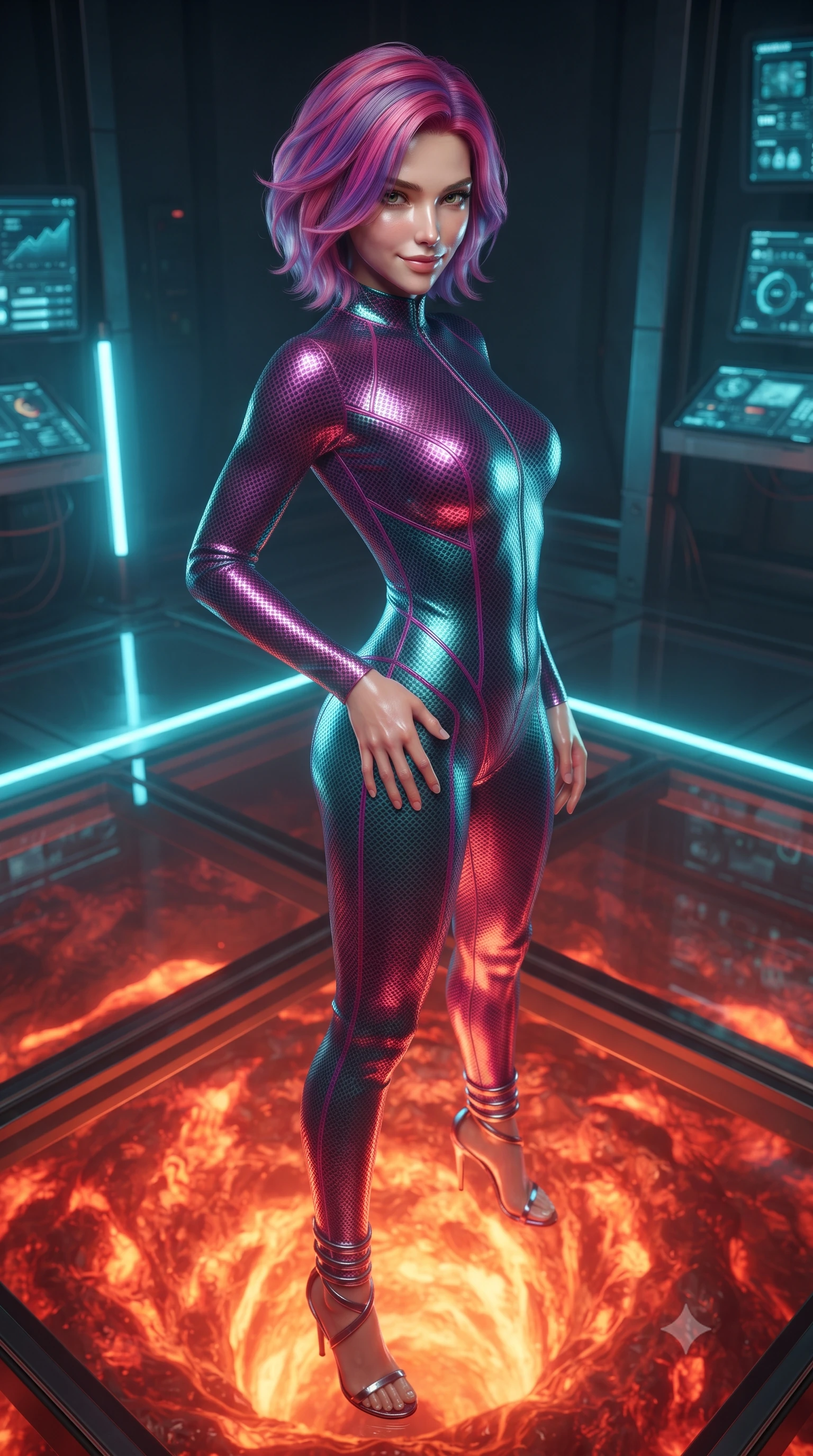 score_9, masterpiece, best quality, ultra-detailed, high-budget anime keyframe, editorial fashion photography, tasteful artistic composition, Caucasian woman. close-up cowboy shot from the waist and thighs up, the character dominates the composition, filling the frame with her large presence. tilting her head with a teasing half-smile, running one hand slowly down the side of her hip in a flirtatious S-curve as ambient light caresses her silhouette while standing poised on the suspended glass-and-titanium platform directly over a churning subterranean magma vortex, arching her back with high-fashion supermodel confidence. The surrounding environment is rendered in vivid detail and crisp panoramic clarity: sharp seamless transparent armor-glass floor panels, superconducting laser emitter coils, and digital telemetry monitors in deep focus. She has an exceptionally elegant, slender, and willowy female figure with an ultra-slim waist, flat toned midriff, narrow ribcage, and sculpted feminine hips creating an alluring, slim hourglass silhouette without bulk. sharp v-shaped jawline, high-bridge nose, intricate jewel-like sparkling eyes with depth, thick eyelashes, glossy parted lips with a natural peach sheen, bright cheerful beaming smile with an enchanting and coquettish sensual glint, exuding both youthful cute charm and seductive allure, flawlessly proportioned anatomical accuracy, strict slender model proportions, natural body alignment, perfectly sculpted long slender limbs, ultra-slim waistline, clean dynamic posture without body distortion. wearing a glove-like stretch carbon-fiber weave catsuit with metallic sheen outlining every millimeter of her statuesque 8.5-heads silhouette in Kowloon neon magenta and electric teal, woven from buttery-soft stretch lambskin leather adhering to her body like a second skin, complemented by strappy stiletto sandals with metallic ankle wraps accentuating her slender calves, the second-skin tailored fabric adhering flawlessly to her sculpted flat midriff and slender torso, emphasizing her long leg lines and perfectly proportioned willowy build. bathed in the dual illumination of searing 2200K subterranean magma radiance and cold 480nm cyan magnetic containment lasers. ultra-reflective glossy finish, specular highlights, rich textural contrasts, high-contrast stereoscopic depth, volumetric dynamic lighting, 2k, ultra detail, master piece, 9:16 ratio