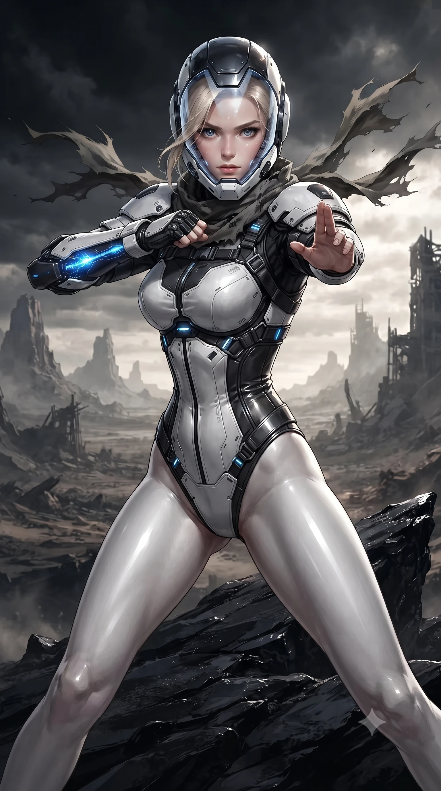 score_9, masterpiece, best quality, ultra-detailed, high-budget anime keyframe, editorial fashion photography, tasteful artistic composition, Caucasian woman. close-up cowboy shot from the waist and thighs up, the character dominates the composition, filling the frame with her large presence. twisting her upper body in a dynamic S-curve martial arts stance, cybernetic elbow dampers glowing with blue energy as she aims a focused palm strike while standing tall on a jagged obsidian ridge with wind tearing at her tactical scarf, silhouette dominating the desolate horizon. The surrounding environment is rendered in vivid detail and crisp panoramic clarity. dramatic post-apocalyptic chiaroscuro and vast desolate wasteland geometry rendered in panoramic precision. She has an exceptionally elegant, slender, and willowy female figure with an ultra-slim waist, a gracefully sculpted slender torso, toned flat midriff, and a refined slim silhouette. sharp v-shaped jawline, high-bridge nose, intricate jewel-like eyes with depth, thick eyelashes, glossy lips with a natural sheen, fierce and resolute heroine expression, flawlessly proportioned anatomical accuracy, strict slender model proportions, natural body alignment, perfectly sculpted long slender limbs, ultra-slim waistline, clean dynamic posture without body distortion. wearing a crystal-clear transparent armored riot-visor helmet showing her entire beautiful face and determined expression with pristine clarity, paired with a statuesque high-fashion cyber-warrior armor suit with platinum bevels, heavy articulated shoulder guards, and an ultra-slim waist-cinching corset in monochrome white enamel carbon with high-contrast black tactical panels, made of lightweight aerodynamic carbon-titanium alloy with precision-beveled armor seams, reinforced by a heavy-duty titanium tactical harness and glowing micro-energy status straps, the precision-cut daring openings accentuating her delicate midriff, graceful bare collarbones, and ultra-slim feminine waistline. illuminated by crisp white key light with sharp specular highlights tracing her ultra-slim waist and long legs. ultra-reflective glossy finish, specular highlights, dark metallic sheen, high-contrast stereoscopic depth, volumetric dynamic lighting, 2k, ultra detail, master piece, 9:16 ratio