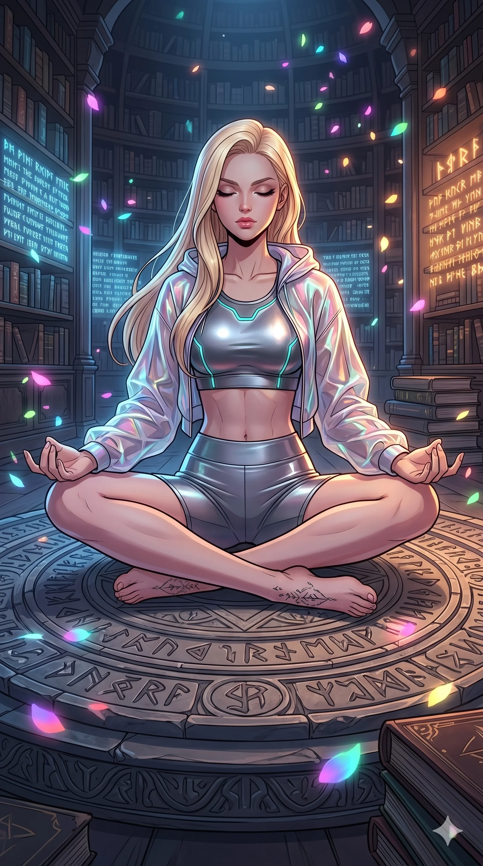 score_9, masterpiece, best quality, ultra-detailed, high-budget anime movie keyframe, cinematic anime lighting, intricate line art, Japanese woman. Low angle cowboy shot filling the entire 9:16 frame with her statuesque presence. meditating peacefully in a ancient runic library with digital sakura petals. She has an absolutely perfect 8-heads proportion, an exceptionally tall and slender female figure with an ultra-slim waist and impossibly long slender legs. sharp v-shaped jawline, high-bridge nose, intricate jewel-like eyes, thick eyelashes, glossy lips. Wearing premium athleisure set with a metallic-finish compression top, high-cut yoga shorts that accentuate her long legs, and a sheer oversized hoodie. The scene is illuminated by dramatic atmospheric lighting and vibrant color palettes. , 2k, ultra detail, master piece, 9:16 ratio