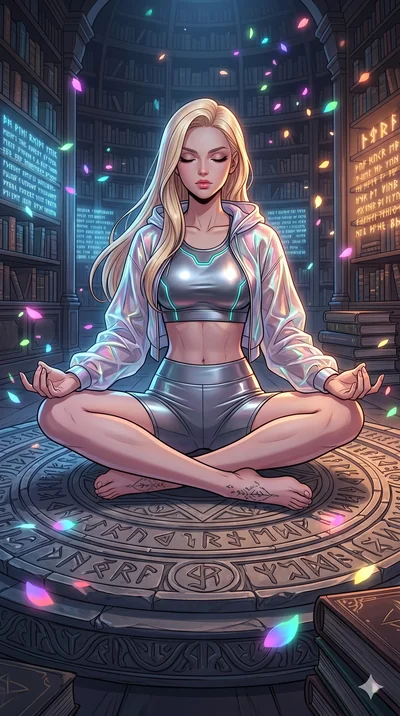 score_9, masterpiece, best quality, ultra-detailed, high-budget anime movie keyframe, cinematic anime lighting, intricate line art, Japanese woman. Low angle cowboy shot filling the entire 9:16 frame with her statuesque presence. meditating peacefull