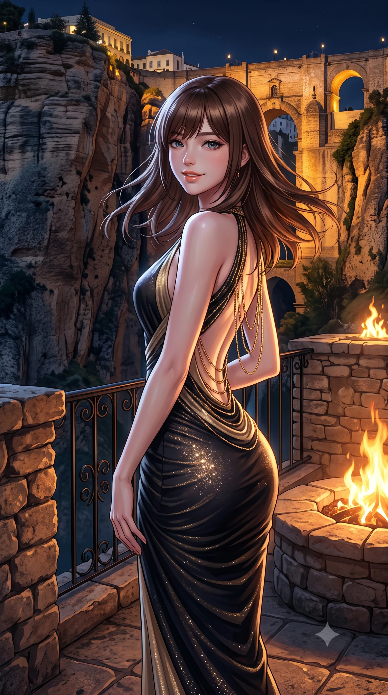 score_9, masterpiece, best quality, ultra-detailed, high-budget anime keyframe, semi-realistic 3D game render, editorial fashion photography, tasteful artistic composition, Korean woman. close-up cowboy shot from the waist and thighs up, the character dominates the composition, filling the frame with her large presence. turning slowly with an enchanting smoldering smile, her glossy hair tossing in the breeze as her hips angle gracefully in a captivating contrapposto while standing poised on the cantilevered stone terrace at the dizzying edge of the vertical 120-meter limestone gorge, arching her lower back as nocturnal mountain winds whip around her silhouette. The surrounding environment is rendered in vivid detail and crisp panoramic clarity: sharp rough-hewn stone masonry of the historic bridge, sheer limestone fissure strata, and black iron balustrade scrollwork in deep focus. She has an exceptionally elegant, slender, and willowy female figure with an ultra-slim waist, flat toned midriff, narrow ribcage, and sculpted feminine hips creating an alluring, slim hourglass silhouette without bulk. sharp v-shaped jawline, high-bridge nose, intricate jewel-like sparkling eyes with depth, thick eyelashes, glossy parted lips with a natural peach sheen, bright cheerful beaming smile with an enchanting and coquettish sensual glint, exuding both youthful cute charm and seductive allure, flawlessly proportioned anatomical accuracy, strict slender model proportions, natural body alignment, perfectly sculpted long slender limbs, ultra-slim waistline, clean dynamic posture without body distortion. wearing a form-fitting Andalusian liquid silk jersey flamenco-draped cocktail dress clinging to her narrow waist and rounded hips in deep midnight obsidian black and champagne gold, woven from stretch metallic lurex jersey casting radiant starlight glints across her curves, accented with an open-back drape framed by falling strands of delicate gold chains, the second-skin tailored fabric adhering flawlessly to her sculpted flat midriff and slender torso, emphasizing her long leg lines and perfectly proportioned willowy build. bathed in the contrast of warm 2100K terrace fire pit flames and golden architectural floodlights on the Puente Nuevo bridge. highly saturated vibrant anime colors, detailed shading with soft gradients, rich glossy textures, high-contrast stereoscopic depth, volumetric dynamic lighting, master piece, 9:16 ratio