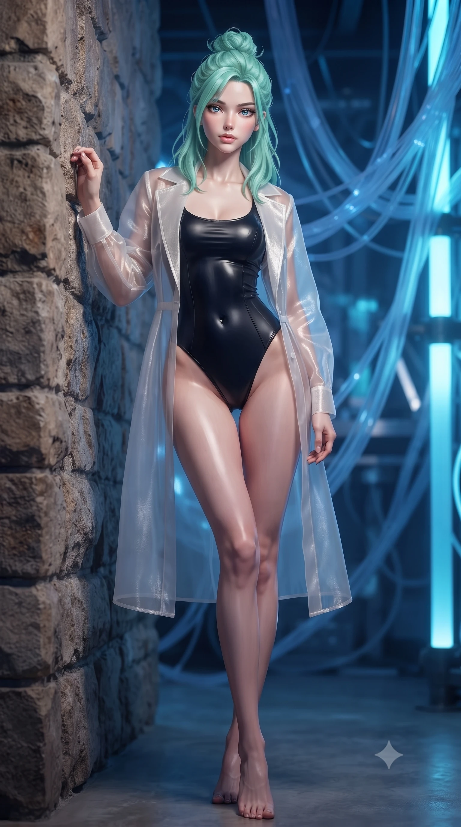 score_9, masterpiece, best quality, ultra-detailed, high-budget anime keyframe, editorial fashion photography, tasteful artistic composition, Japanese woman. low angle full-body shot from head to toe showing her feet, filling the entire 9:16 vertical frame with her statuesque presence, stretching her vertical silhouette. leaning back against a rustic stone wall, casting a slow, alluring gaze at the camera the background shows a soft-focus a secret server vault with translucent fiber-optic cables and glowing blue coolant tubes. She has an absolutely perfect, statuesque 8.5-heads proportion, an exceptionally tall and slender model-like female figure with impossibly long slender legs and an ultra-slim waist. sharp v-shaped jawline, high-bridge nose, intricate jewel-like eyes with depth, thick eyelashes, glossy lips with a natural sheen. wearing a tailored sheer white organza resort cover-up worn over a form-fitting one-piece swimsuit, showing her elegant clavicle lines. pulsing cobalt blue uplighting creating a cool, mysterious atmosphere. ultra-reflective glossy finish, specular highlights, metallic sheen, high-contrast stereoscopic depth, volumetric dynamic lighting, 2k, ultra detail, master piece, 9:16 ratio