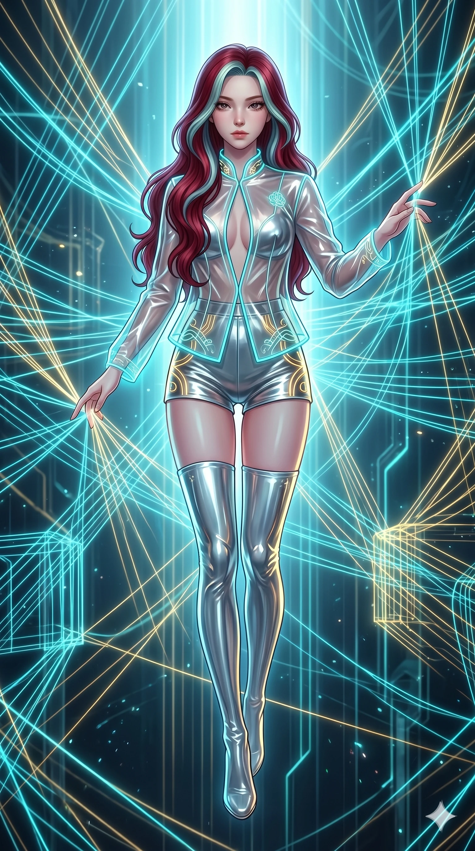score_9, masterpiece, best quality, ultra-detailed, high-budget anime keyframe, Japanese woman. upper body close-up from the thighs up, character filling the screen for maximum presence. floating suspended in an ethereal loom room where millions of luminescent cyan and gold threads intersect and weave geometric patterns. She has an absolutely perfect 8-heads proportion, an exceptionally tall and slender female figure with impossibly long slender legs and an ultra-slim waist. V-shaped jawline, high-bridge nose, intricate jewel-like eyes with depth, thick eyelashes, glossy lips with a natural sheen.. wearing a vinyl liquid mercury fusion hanbok, featuring a translucent chrome-silver vinyl jeogori and high-waist micro-shorts, detailed with glowing neon wire trims and a tasteful chest slit. bathed in brilliant cinematic volumetric lighting and intense neon rim light highlighting her slender form. 2k, ultra detail, master piece, 9:16 ratio