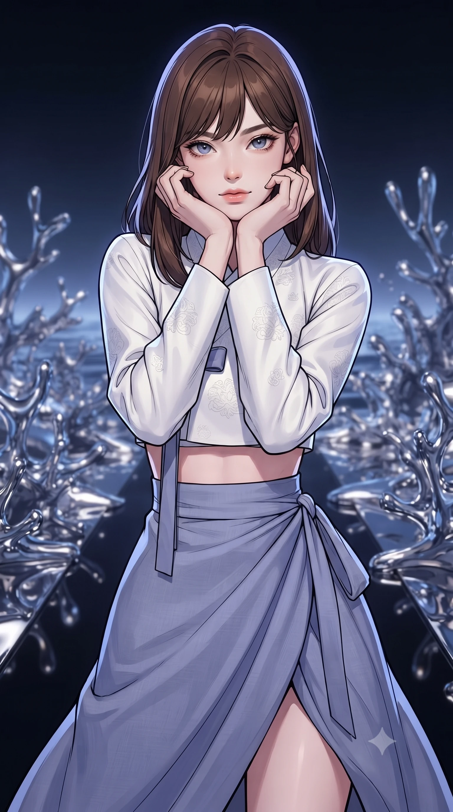 score_9, masterpiece, best quality, ultra-detailed, high-budget anime keyframe, gorgeous anime illustration, with clean line-art and distinct ink outlines, Korean woman. close-up cowboy shot from the waist and thighs up, the character dominates the composition, filling the frame with her large presence, background elements kept in soft focus. Resting her chin on the backs of her fingers in a confident pose. set against a soft-focus background of walking on a path of black glass under a sea of liquid chrome mercury, with liquid metal coral reefs rising and waving like living structures. She has an exceptionally elegant and slender, willowy female figure with an ultra-slim waist, a gracefully sculpted slender torso, and a refined slim physique. sharp v-shaped jawline, high-bridge nose, intricate jewel-like eyes with depth, thick eyelashes, glossy lips with a natural sheen. wearing a modern fusion Hanbok with a white silk cropped jeogori and a flowing pale indigo linen wrapped skirt. sharp specular highlights reflecting off the liquid chrome surfaces, with cool indigo ambient light from the dark sky. 2k, ultra detail, master piece, 9:16 ratio, vibrant anime color palette, detailed cel-shading with soft gradients, rich contrast, dynamic lighting, 2d animation style