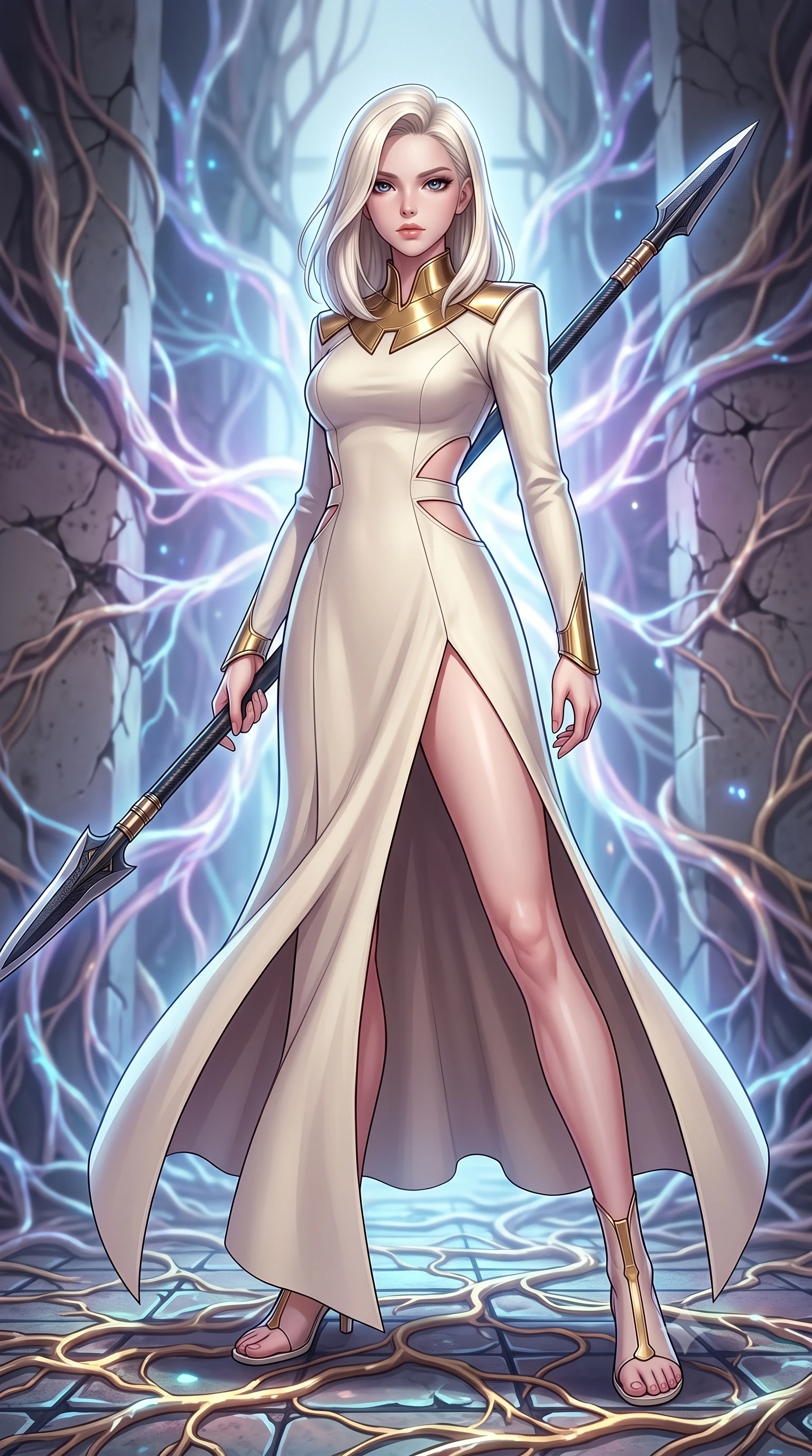 score_9, masterpiece, best quality, ultra-detailed, high-budget anime keyframe, editorial fashion photography, tasteful artistic composition, Caucasian woman. low angle full-body shot from head to toe showing her feet, filling the entire 9:16 vertical frame with her statuesque presence, stretching her vertical silhouette. standing in a dynamic combat stance with a carbon-fiber spear held diagonally, stretching her statuesque body, the background shows a soft-focus a cybernetic root chamber with glowing digital banyan roots growing in concrete. She has an absolutely perfect, statuesque 8.5-heads proportion, an exceptionally tall and slender model-like female figure with impossibly long slender legs and an ultra-slim waist. sharp v-shaped jawline, high-bridge nose, intricate jewel-like eyes with depth, thick eyelashes, glossy lips with a natural sheen. wearing a tailored elegant stellar senator gown in heavy cream wool, featuring structured metallic gold collar guards and long sleeves. soft blue light radiating from digital roots onto her refined profile. highly saturated vibrant anime colors, detailed shading with soft gradients, rich glossy textures, high-contrast stereoscopic depth, volumetric dynamic lighting, master piece, 9:16 ratio
