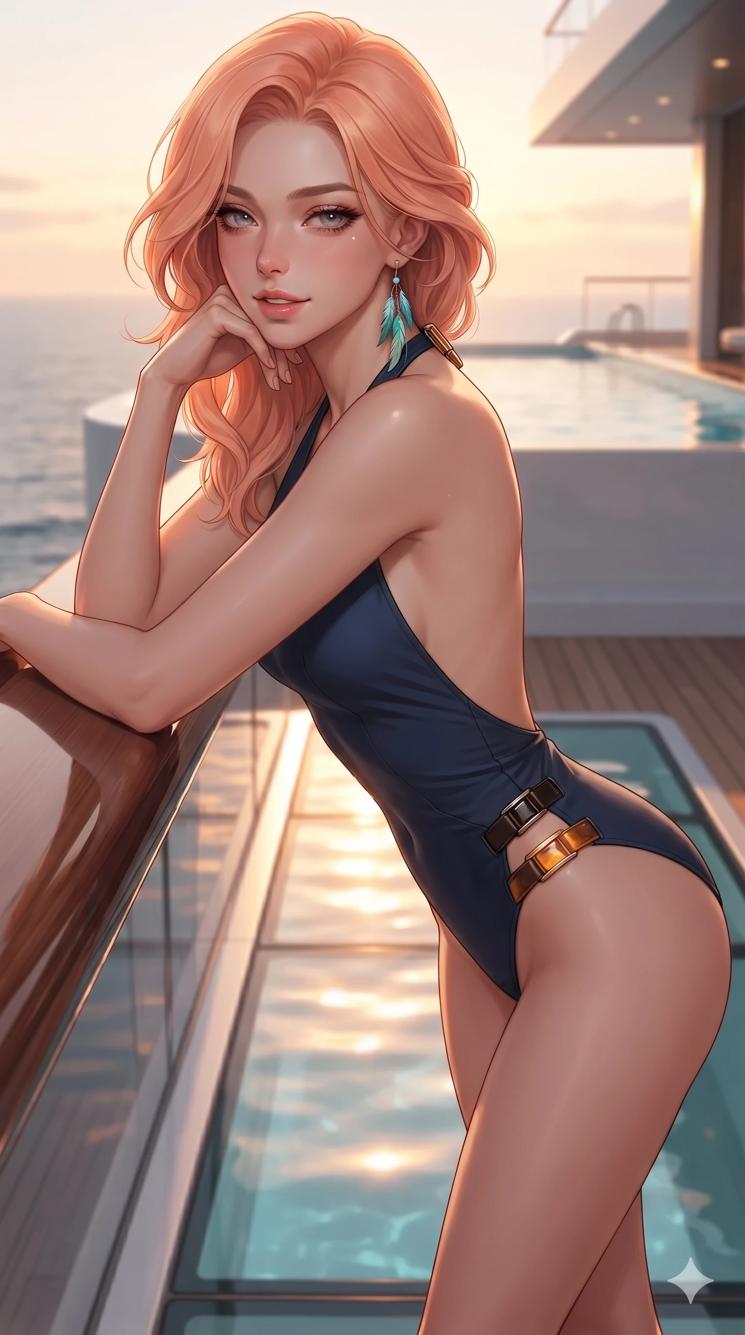 score_9, masterpiece, best quality, ultra-detailed, high-budget anime keyframe, editorial fashion photography, tasteful artistic composition, Japanese woman. close-up cowboy shot from the waist and thighs up, the character dominates the composition, filling the frame with her large presence. resting one elbow on the yacht railing and supporting her chin, leaning close to the camera with heavy-lidded sparkling eyes and parted lips while twisting her slender torso in an alluring S-curve above the sea void, glowing sunset pool reflections tracing her flat midriff and hourglass curves through the glass floor. The background shows a soft-focus high-cliff cantilevered infinity pool softened in modern architectural shallow focus. She has an exceptionally elegant, slender, and willowy female figure with an ultra-slim waist, flat toned midriff, narrow ribcage, and sculpted feminine hips creating an alluring, slim hourglass silhouette without bulk. sharp v-shaped jawline, high-bridge nose, sparkling eyes with hypnotic seductive depth, thick curled eyelashes, glossy parted lips with a natural dewy peach sheen, alluring bedroom-eyes with an enchanting coquettish smile, exuding magnetic siren charisma and sophisticated glamour, flawlessly proportioned anatomical accuracy, strict slender model proportions, natural body alignment, perfectly sculpted long slender limbs, ultra-slim waistline, clean dynamic posture without body distortion. wearing a slinky backless halterneck leotard with metallic clasp accents along the side hips in dark espresso leather and warm amber highlights, tailored from crisp high-density nautical cotton poplin with pristine structural hold, accented with turquoise and silver bohemian feather earrings swaying near her bare neck, the liquid-tight tailored fabric clinging flawlessly to her narrow waist and rounded feminine hips, emphasizing every millimeter of her sculpted slim hourglass curves without any bulky heaviness. illuminated by pool water bottom bounce and sharp gold-cyan rim lights defining her razor-sharp jawline, narrow waist, and curvy hips. ultra-reflective glossy finish, specular highlights, rich textural contrasts, high-contrast stereoscopic depth, volumetric dynamic lighting, 2k, ultra detail, master piece, 9:16 ratio