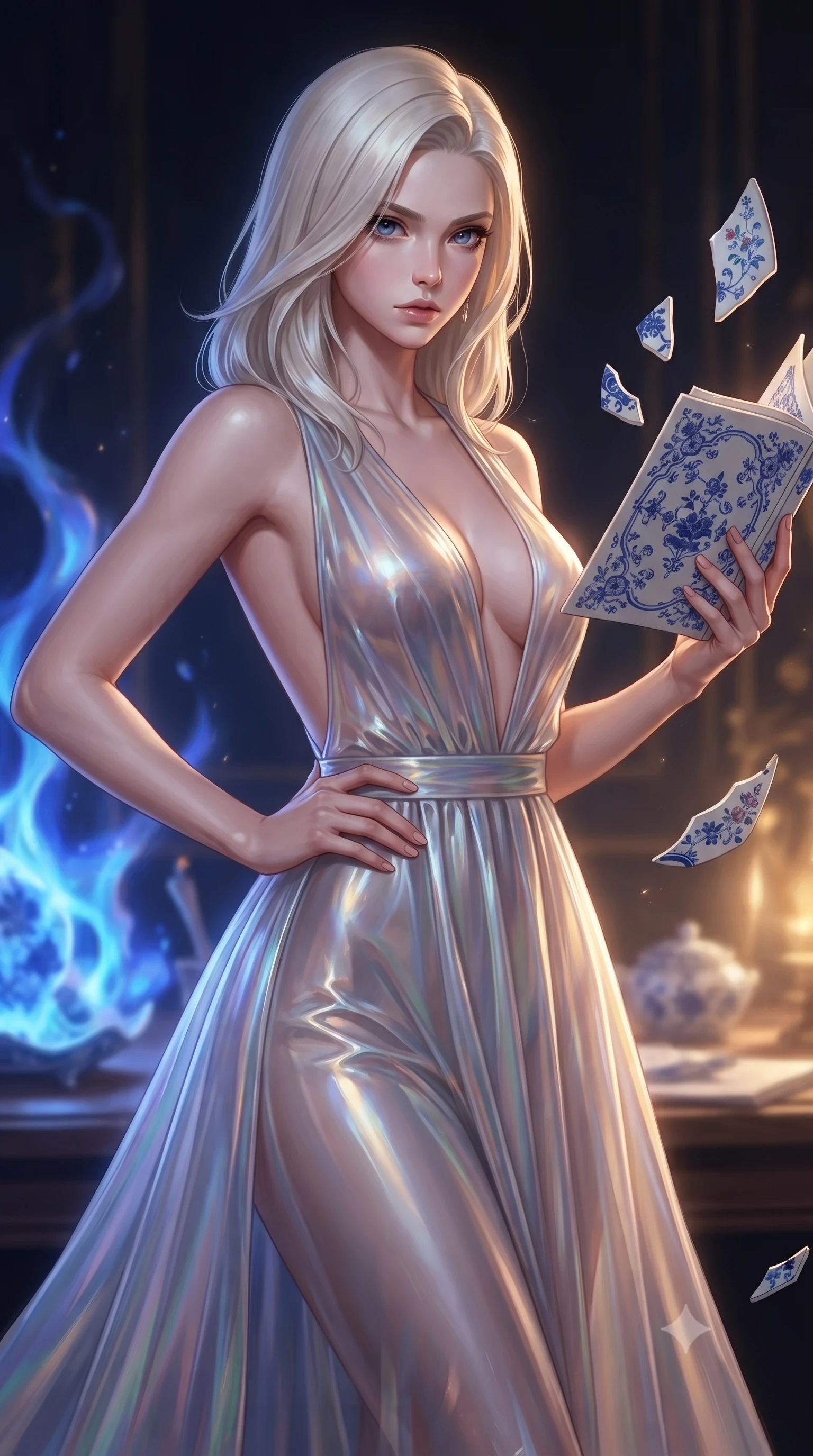 score_9, masterpiece, best quality, ultra-detailed, high-budget anime keyframe, editorial fashion photography, tasteful artistic composition, Caucasian woman. close-up cowboy shot from the waist and thighs up, the character dominates the composition, filling the frame with her large presence, background elements kept in soft focus. Holding a confident power pose with one hand on her hip, gazing directly into the camera with quiet intensity inspecting a fine ceramic manuscript decorated with cobalt blue ink patterns, intricate blue porcelain floral patterns on floating ceramic shards. She has an exceptionally elegant, slender, and willowy female figure with an ultra-slim waist, a gracefully sculpted slender torso, and a refined silhouette. sharp v-shaped jawline, high-bridge nose, intricate jewel-like eyes with depth, thick eyelashes, glossy lips with a natural sheen. wearing a translucent iridescent chiffon gown with a dramatic plunging neckline and open back, the sleek second-skin texture accentuating her magnetic presence. illuminated by a dramatic contrast of sapphire alchemy flames and warm golden glow. ultra-reflective glossy finish, specular highlights, metallic sheen, high-contrast stereoscopic depth, volumetric dynamic lighting, 2k, ultra detail, master piece, 9:16 ratio