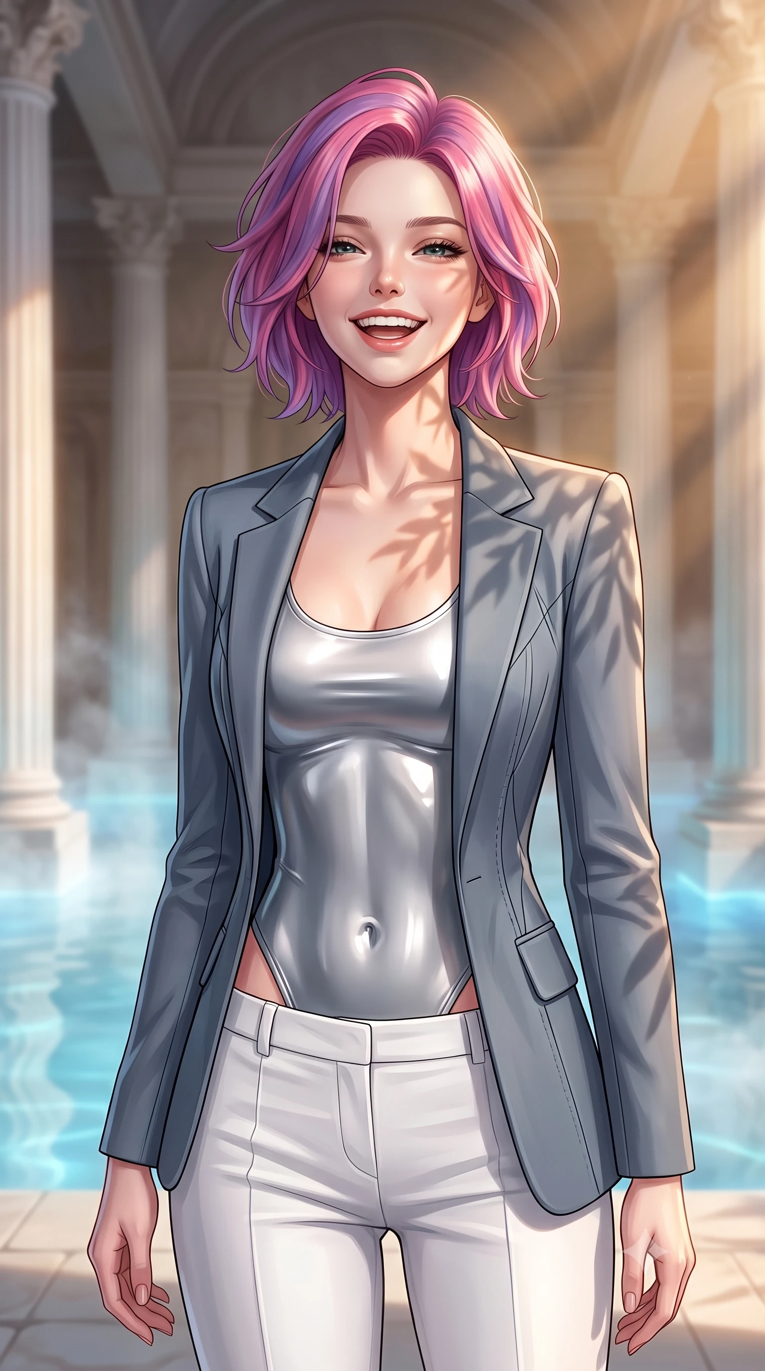 score_9, masterpiece, best quality, ultra-detailed, high-budget anime keyframe, editorial fashion photography, tasteful artistic composition, Caucasian woman, strictly human ears. close-up cowboy shot from the waist and thighs up, the character dominates the composition, filling the frame with her large presence, background elements kept in soft focus. Gently laughing with her head tilted back slightly in relaxed joy. set against a soft-focus background of inside a grand roman bath chamber with columns of white travertine, the steaming thermal waters glowing with an opaline blue light. She has an exceptionally elegant, slender, and willowy female figure with a highly-defined ultra-slim waist, a gracefully sculpted slender torso, and a refined slim-fit silhouette that contours her form. sharp v-shaped jawline, high-bridge nose, intricate jewel-like eyes with depth, thick eyelashes, glossy lips with a natural sheen. wearing a tailored slate grey blazer over a high-gloss silver metallic bodysuit, paired with white trousers. warm golden afternoon sunbeams casting soft organic leaf shadows across her skin. 2k, ultra detail, master piece, 9:16 ratio