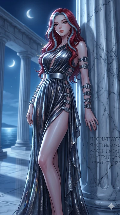 score_9, masterpiece, best quality, ultra-detailed, High-budget Anime Keyframe, East Asian woman. Low angle cowboy shot filling the entire 9:16 frame with her statuesque presence. Scenario 183: Leaning against a cold marble pillar in a moonlit greek 