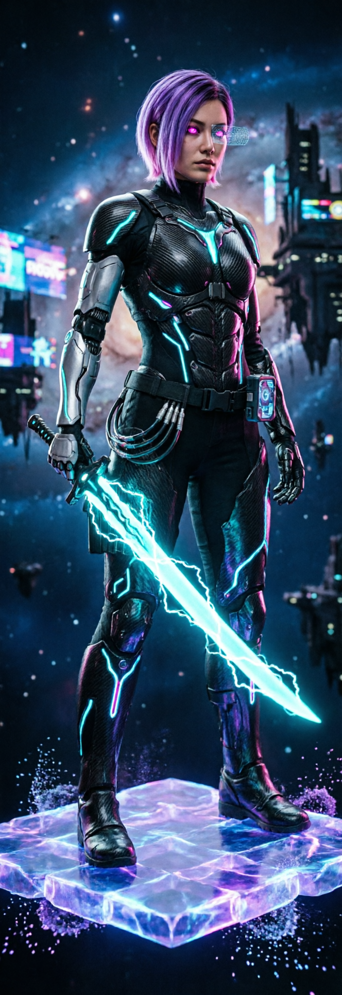 score_9, masterpiece, best quality, ultra-detailed, cyberpunk tech-fantasy aesthetic, holographic accents, dark sci-fi tone, A cybernetic swordswoman standing on a floating neon platform. low angle cowboy shot filling the 9:16 frame, 8-heads proportion, towering silhouette. bioluminescent neon reflections, high-contrast cyan and magenta low-key lighting, sharp focus, master piece, 2k, 9:16 ratio