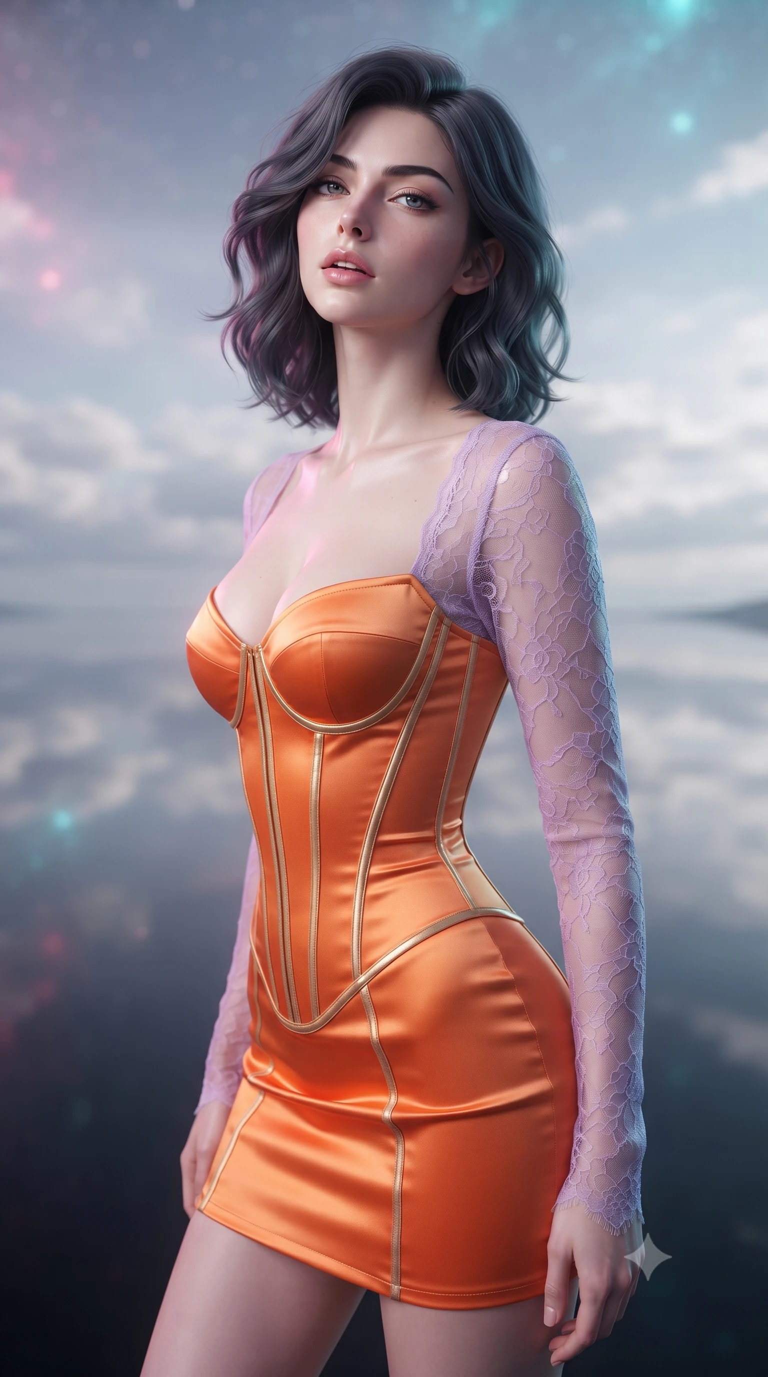 score_9, masterpiece, best quality, ultra-detailed, high-budget anime keyframe, editorial fashion photography, tasteful artistic composition, Caucasian woman, strictly human ears. close-up cowboy shot from the waist and thighs up, the character dominates the composition, filling the frame with her large presence, background elements kept in soft focus. Tilting her chin up slightly with lips parted in a composed expression. set against a soft-focus background of a valley where the ground is perfectly flat obsidian that mirrors the sky so precisely the horizon line disappears entirely creating the illusion of walking on the sky itself clouds above and below. She has an exceptionally elegant and slender, willowy female figure with an ultra-slim waist, a gracefully sculpted slender torso, and a refined slim physique. sharp v-shaped jawline, high-bridge nose, intricate jewel-like eyes with depth, thick eyelashes, glossy lips with a natural sheen. wearing a corset mini dress in bright tangerine satin, featuring visible gold bone structure and attached sheer lilac lace sleeves. starlight and nebula glow casting soft cosmic pink and cyan highlights on her form. 2k, ultra detail, master piece, 9:16 ratio