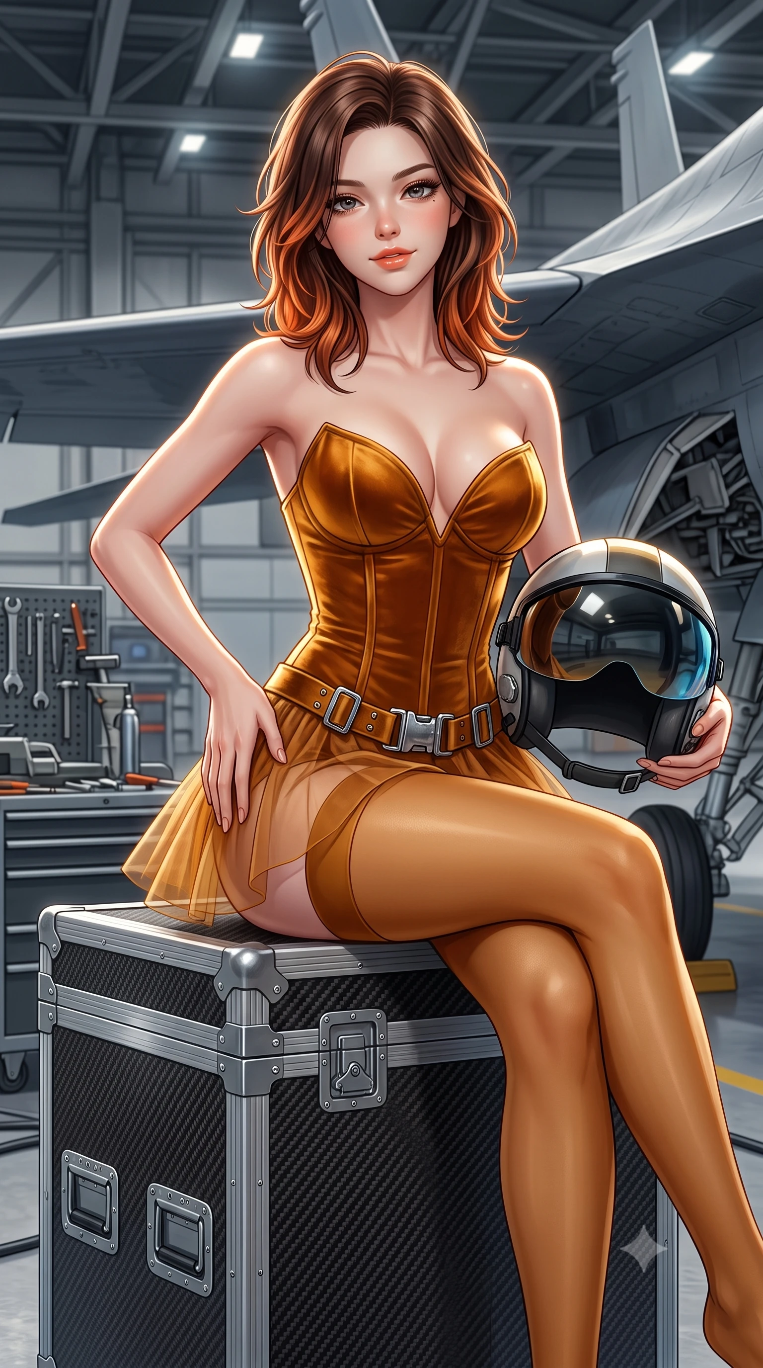 score_9, masterpiece, best quality, ultra-detailed, high-budget anime keyframe, semi-realistic 3D game render, editorial fashion photography, tasteful artistic composition, Korean woman. close-up cowboy shot from the waist and thighs up, the character dominates the composition, filling the frame with her large presence. tilting her head with a teasing half-smile, running one hand slowly down the side of her hip in a flirtatious S-curve as ambient light caresses her silhouette while sitting perched on a carbon-fiber flight case with legs crossed, holding a flight helmet with confident, coquettish charm. The surrounding environment is rendered in vivid detail and crisp panoramic clarity: detailed high-cut tactical bodysuit tailoring, chrome buckle shine, and aerospace hangar engineering in high resolution. She has an exceptionally elegant, slender, and willowy female figure with an ultra-slim waist, flat toned midriff, narrow ribcage, and sculpted feminine hips creating an alluring, slim hourglass silhouette without bulk. sharp v-shaped jawline, high-bridge nose, sparkling eyes with hypnotic seductive depth, thick curled eyelashes, glossy parted lips with a natural dewy peach sheen, alluring bedroom-eyes with an enchanting coquettish smile, exuding magnetic siren charisma and sophisticated glamour, flawlessly proportioned anatomical accuracy, strict slender model proportions, natural body alignment, perfectly sculpted long slender limbs, ultra-slim waistline, clean dynamic posture without body distortion. wearing a plunging sweetheart-neckline boned satin ballet bustier paired with an ultra-short sheer tulle micro-tutu and silk stockings in warm amber honey and antique gold leaf, tailored from ultra-plush velvet with rich tactile depth and deep shadow gradients, accented with a quick-release tactical chrome buckle harness resting snugly across her hips, the high-slit wrap tailoring accentuating her ultra-slim waistline and the enchanting curve of her feminine hips with alluring seductive charm. illuminated by composite wing surface bounce and sharp white-gold rim lights defining her collarbones, narrow waist, and curvy hips. highly saturated vibrant anime colors, detailed shading with soft gradients, rich glossy textures, high-contrast stereoscopic depth, volumetric dynamic lighting, master piece, 9:16 ratio