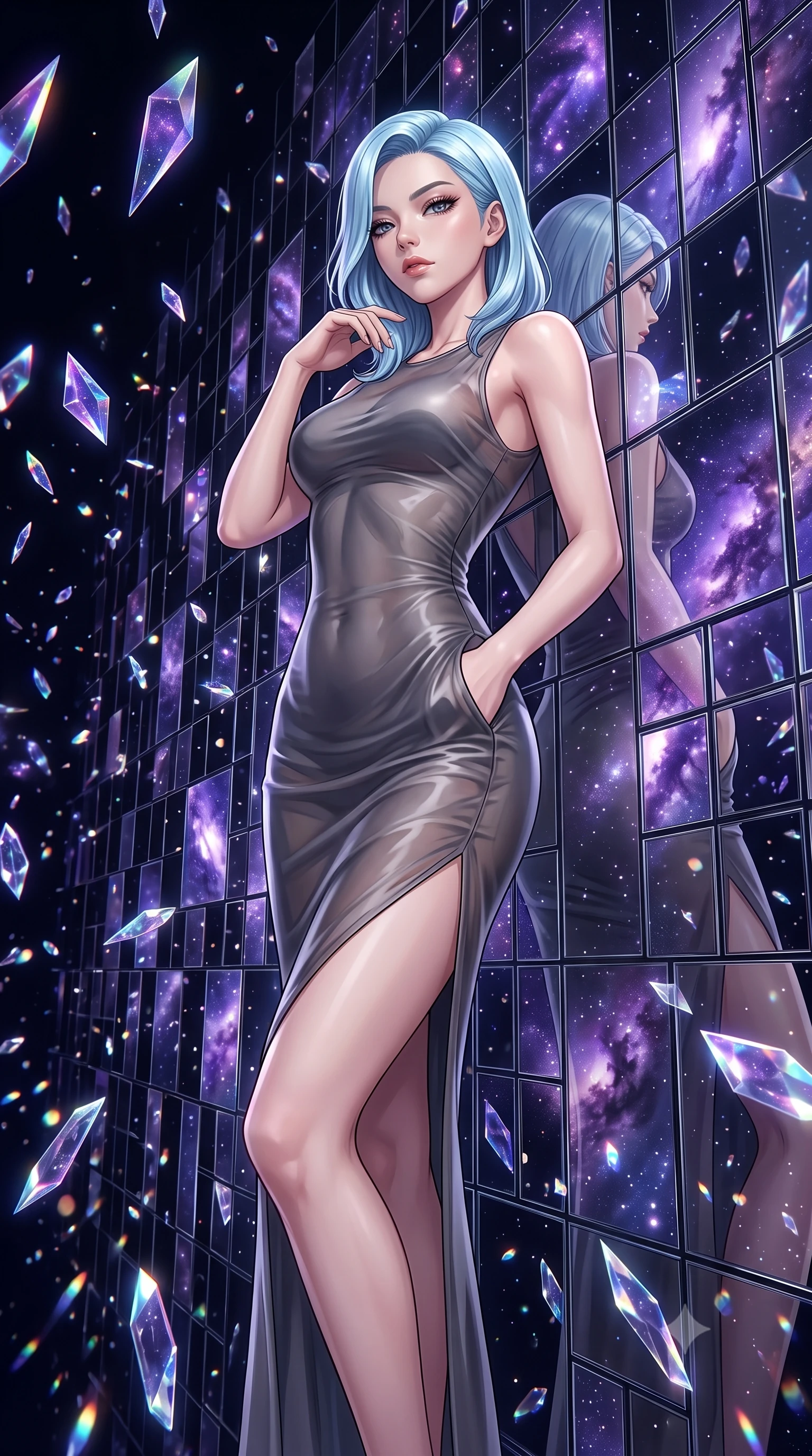 score_9, masterpiece, best quality, ultra-detailed, High-budget Anime Keyframe, East Asian woman. Low angle cowboy shot filling the entire 9:16 frame with her statuesque presence. Scenario 296: leaning back against a wall of virtual mirrors in a dark void filled with floating crystal shards reflecting purple nebulae. Her presence is magnetic and overpowering in this high-budget anime scene. Outfit 296: a body-hugging molten liquid silk sheer with a thigh-high slit and tight-fitting silhouette. The clothing is designed to emphasize her exceptionally tall and slender 8-heads proportion. 8-heads proportion, towering silhouette, ultra-slim waist. sharp v-shaped jawline, intricate jewel-like eyes with depth, thick eyelashes, glossy lips. 2k, ultra detail, master piece, 9:16 ratio