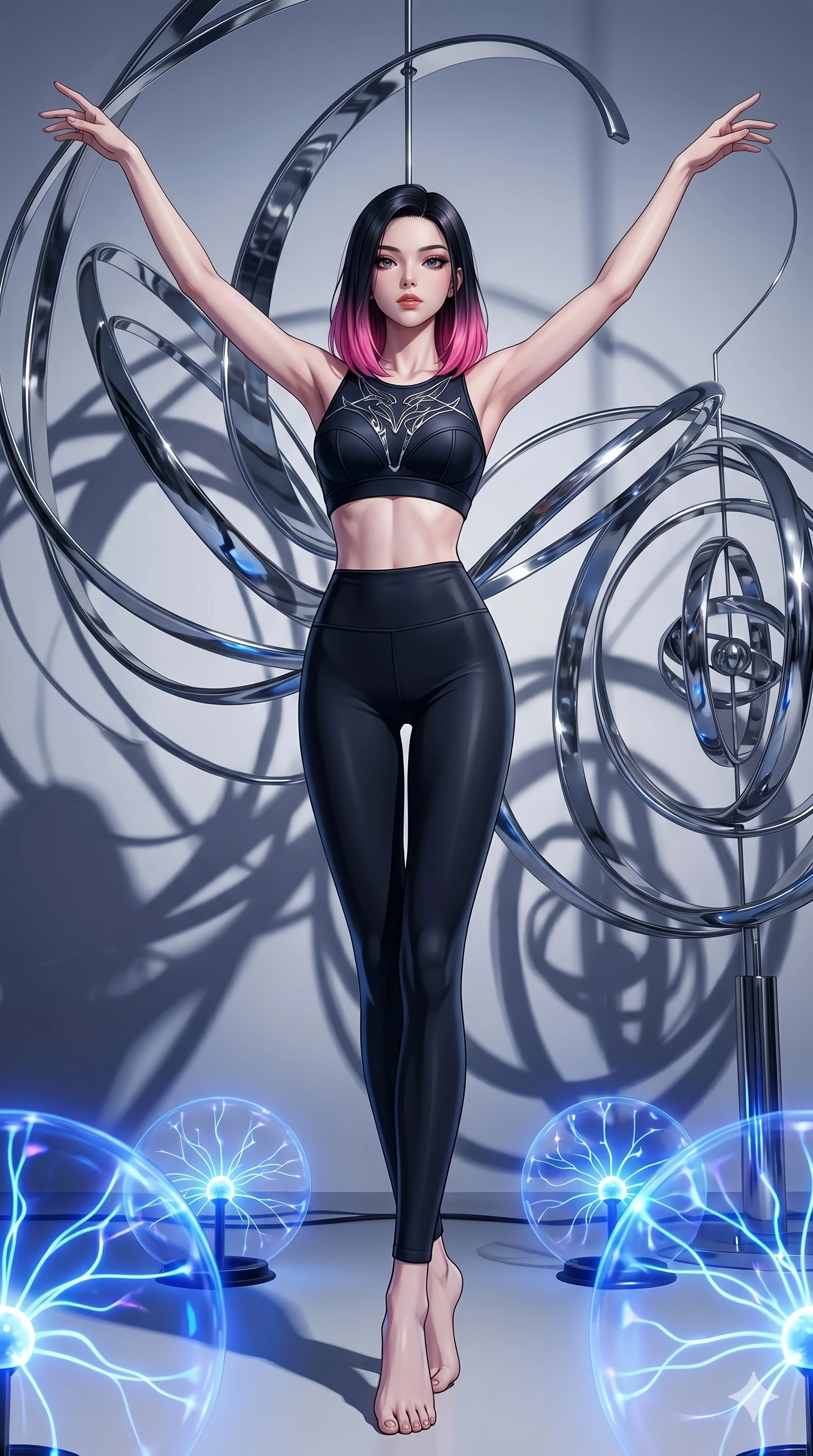 score_9, masterpiece, best quality, ultra-detailed, high-budget anime keyframe, editorial fashion photography, tasteful artistic composition, Korean woman. low angle full-body shot from head to toe showing her feet, filling the entire 9:16 vertical frame with her statuesque presence, stretching her vertical silhouette. Balancing with elegant poise on tiptoe with arms extended inside a kinetic sculpture garden of enormous chrome mobiles casting long sweeping shadows. She has an absolutely perfect 8-heads proportion, an exceptionally tall and slender female figure with impossibly long slender legs and an ultra-slim waist. V-shaped jawline, high-bridge nose, intricate jewel-like eyes with depth, thick eyelashes, glossy lips with a natural sheen. wearing a sculptural high-fashion sports bra in deep black with bold architectural seaming and an abstract chrome graphic detail across the chest, worn with precision high-waist performance leggings that contour every line of her long legs. highlighted by pulsing electric blue plasma arc lighting from below, casting dramatic upward shadows. 2k, ultra detail, master piece, 9:16 ratio