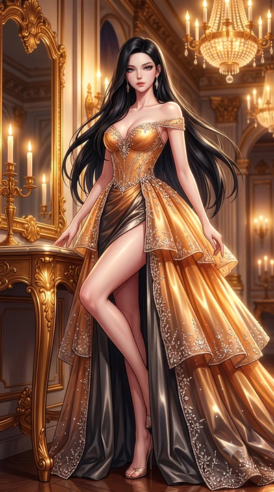 score_9, masterpiece, best quality, ultra-detailed, high-budget anime keyframe, semi-realistic 3D game render, editorial fashion photography, tasteful artistic composition, Korean woman. low angle full-body shot from head to toe showing her feet, fil