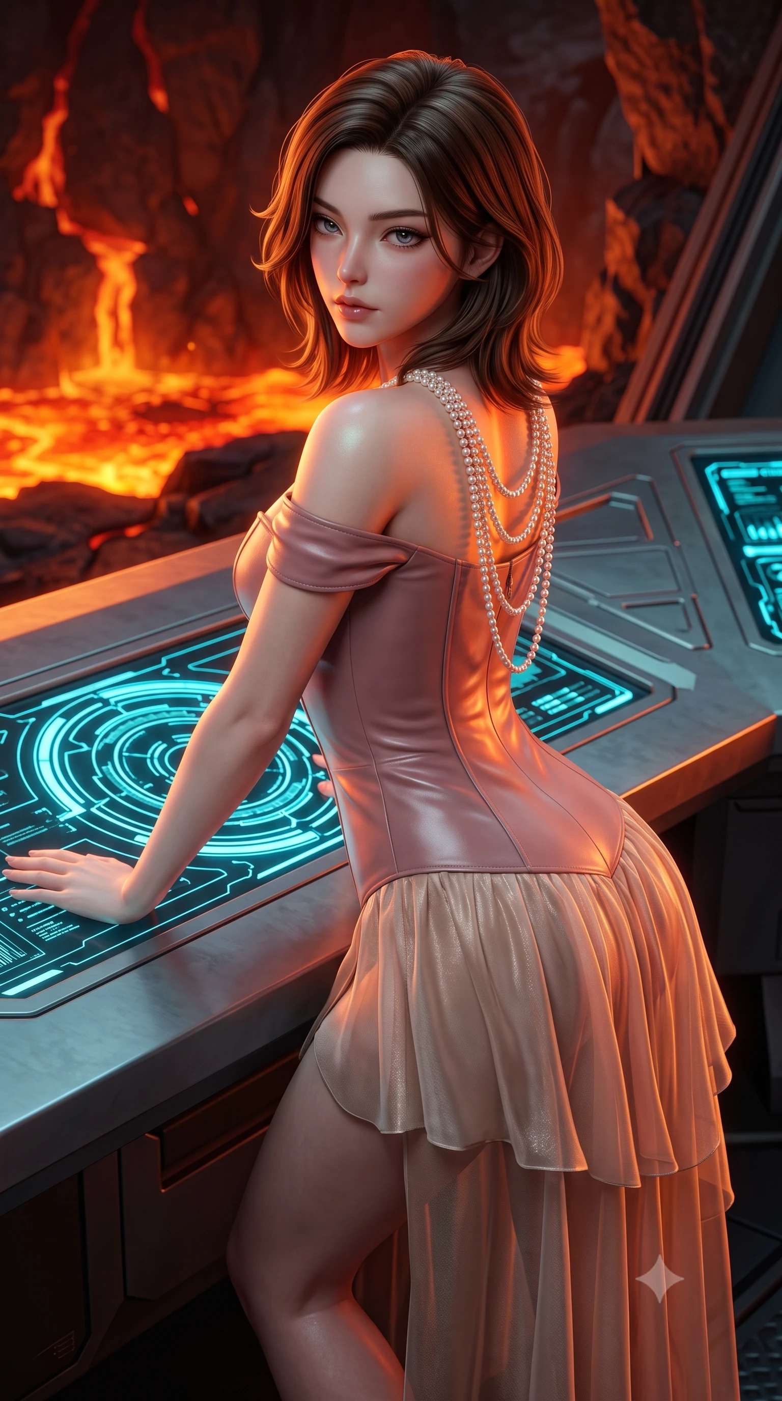 score_9, masterpiece, best quality, ultra-detailed, high-budget anime keyframe, semi-realistic 3D game render, editorial fashion photography, tasteful artistic composition, Korean woman. close-up cowboy shot from the waist and thighs up, the character dominates the composition, filling the frame with her large presence. leaning back with relaxed seductive grace, her sculpted collarbones and narrow waist highlighted as she casts smoldering bedroom-eyes directly into the camera while leaning back against a cool matte-titanium console with hips cocked back, casting an audacious, fearless bedroom-gaze into the molten abyss. The surrounding environment is rendered in vivid detail and crisp panoramic clarity. detailed gown texture, glowing volcanic reflections on skin, and basalt fracture lines in high clarity. She has an exceptionally elegant, slender, and willowy female figure with an ultra-slim waist, flat toned midriff, narrow ribcage, and sculpted feminine hips creating an alluring, slim hourglass silhouette without bulk. sharp v-shaped jawline, high-bridge nose, intricate jewel-like eyes with depth, thick eyelashes, glossy parted lips with a natural sheen, intensely captivating and seductive bedroom-eyes expression, flawlessly proportioned anatomical accuracy, strict slender model proportions, natural body alignment, perfectly sculpted long slender limbs, ultra-slim waistline, clean dynamic posture without body distortion. wearing an off-shoulder French court corset bodice dress paired with a tiered translucent chiffon slit skirt in dusky blush rose and champagne shimmer, formed from supple second-skin lambskin leather with specular sheen, accented with a multi-strand pearl back necklace cascading down her bare spine to her hips, the second-skin form-contouring cut accentuating her sculpted flat midriff, narrow delicate ribcage, and gracefully curvy hips with supermodel precision. bathed in intense, warm fiery amber and crimson uplight from the lava pool contrasting with cool cyan interior spot fills. highly saturated vibrant anime colors, detailed shading with soft gradients, rich glossy textures, high-contrast stereoscopic depth, volumetric dynamic lighting, master piece, 9:16 ratio