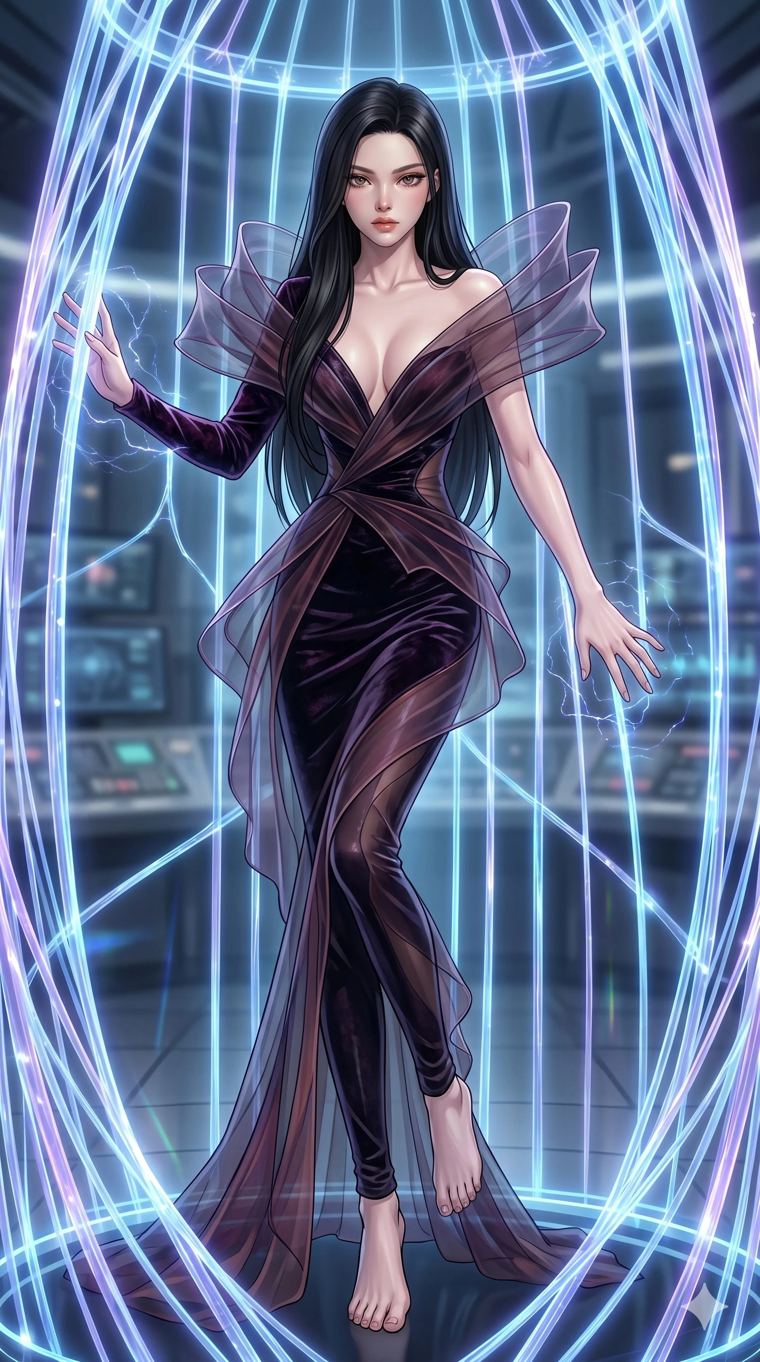 score_9, masterpiece, best quality, ultra-detailed, High-budget Anime Keyframe, East Asian woman. Dynamic full-body shot stretching the vertical silhouette to the limit. Scenario 12: Trapped in a cage of glowing crystalline fibers, body pressing against the bars. Her presence is magnetic and overpowering in this high-budget anime scene. Outfit 12: A crushed dark velvet second with a low-cut shoulder and translucent layers. The clothing is designed to emphasize her exceptionally tall and slender 8-heads proportion. 8-heads proportion, towering silhouette, ultra-slim waist. sharp v-shaped jawline, intricate jewel-like eyes with depth, thick eyelashes, glossy lips. 2k, ultra detail, master piece, 9:16 ratio