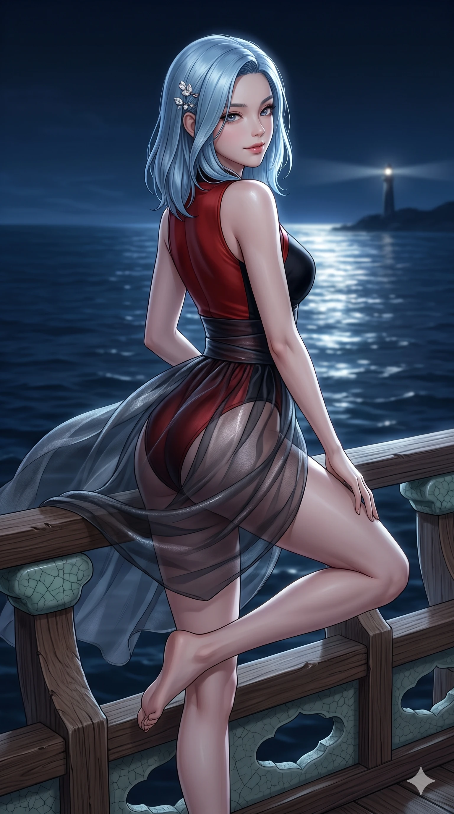 score_9, masterpiece, best quality, ultra-detailed, high-budget anime keyframe, editorial fashion photography, tasteful artistic composition, Korean woman. close-up cowboy shot from the waist and thighs up, the character dominates the composition, filling the frame with her large presence. twisting her slender torso in a deep contrapposto stance, hips dramatically shifted to accentuate her feminine curves while looking past her shoulder with smoldering bedroom-eyes while perched sideways on the balcony balustrade, one knee drawn up to showcase her slender leg line while her arched back accentuates her feminine curves. The surrounding environment is rendered in vivid detail and crisp panoramic clarity: sharp celadon porcelain crackle glaze, weathered cedar railing grain, and distant lighthouse beacon in deep focus. She has an exceptionally elegant, slender, and willowy female figure with an ultra-slim waist, flat toned midriff, narrow ribcage, and sculpted feminine hips creating an alluring, slim hourglass silhouette without bulk. sharp v-shaped jawline, high-bridge nose, sparkling eyes with hypnotic seductive depth, thick curled eyelashes, glossy parted lips with a natural dewy peach sheen, alluring bedroom-eyes with an enchanting coquettish smile, exuding magnetic siren charisma and sophisticated glamour, flawlessly proportioned anatomical accuracy, strict slender model proportions, natural body alignment, perfectly sculpted long slender limbs, ultra-slim waistline, clean dynamic posture without body distortion. wearing a provocative sheer nobang organza wrap overskirt layered over a form-fitting silk leotard with bare hip flanks in midnight obsidian black and rich cinnabar red, crafted from delicate semi-sheer Korean gossamer organza with subtle pearlescent glints, finished with delicate mother-of-pearl hairpin ornaments glinting in her dark glossy hair, the liquid-tight tailored fabric clinging flawlessly to her narrow waist and rounded feminine hips, emphasizing every millimeter of her sculpted slim hourglass curves without any bulky heaviness. bathed in high-intensity silver moonlight reflecting off open ocean waters. ultra-reflective glossy finish, specular highlights, rich textural contrasts, high-contrast stereoscopic depth, volumetric dynamic lighting, 2k, ultra detail, master piece, 9:16 ratio