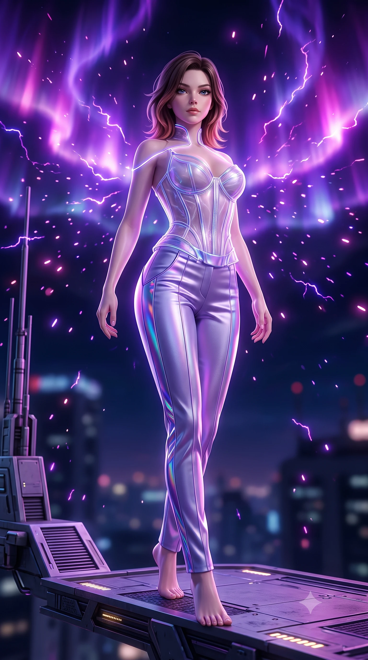 score_9, masterpiece, best quality, ultra-detailed, high-budget anime keyframe, semi-realistic 3D game render, editorial fashion photography, tasteful artistic composition, Korean woman. low angle full-body shot from head to toe showing her feet, filling the entire 9:16 vertical frame with her statuesque presence, stretching her vertical silhouette. pivoting dynamically in mid-motion with a breathtakingly alluring posture, displaying her flawless model proportions, toned flat midriff, and ultra-slim waist while pivoting dynamically on a cantilevered antenna platform as swirling violet and magenta plasma auroras electrify the night sky. The composition keeps background elements in soft focus with creamy bokeh. crackling plasma sparks scattering subtle glowing light motes across a dark nocturnal backdrop. She has an absolutely perfect, statuesque 8.5-heads proportion, an exceptionally tall and slender model-like female figure with impossibly long slender legs, a toned flat midriff, and an ultra-slim waist. sharp v-shaped jawline, high-bridge nose, intricate jewel-like eyes with depth, thick eyelashes, glossy lips with a natural sheen, flawlessly proportioned anatomical accuracy, strict slender model proportions, natural body alignment, perfectly sculpted long slender limbs, ultra-slim waistline, clean dynamic posture without body distortion. wearing a structured translucent cyber-corset paired with tailored high-fashion satin trousers that sharply cinch her ultra-slim waist in iridescent holographic chrome with prism violet highlights, crafted from delicate iridescent organza interwoven with luminescent micro-fibers, accented with glowing fiber-optic seams tracing her collarbones and hip curves, the glove-like aerodynamic second-skin fit tightly clinging to her ultra-slender waist and athletic curves without adding bulk, accentuating her razor-sharp statuesque lines and slim hourglass silhouette. surrounded by an exhilarating, supreme, and fiercely alluring cyber-monarch aura. rich saturated anime colors with glowing neon highlights, detailed shading with soft gradients, rich glossy textures, high-contrast stereoscopic depth, volumetric dynamic lighting, master piece, 9:16 ratio