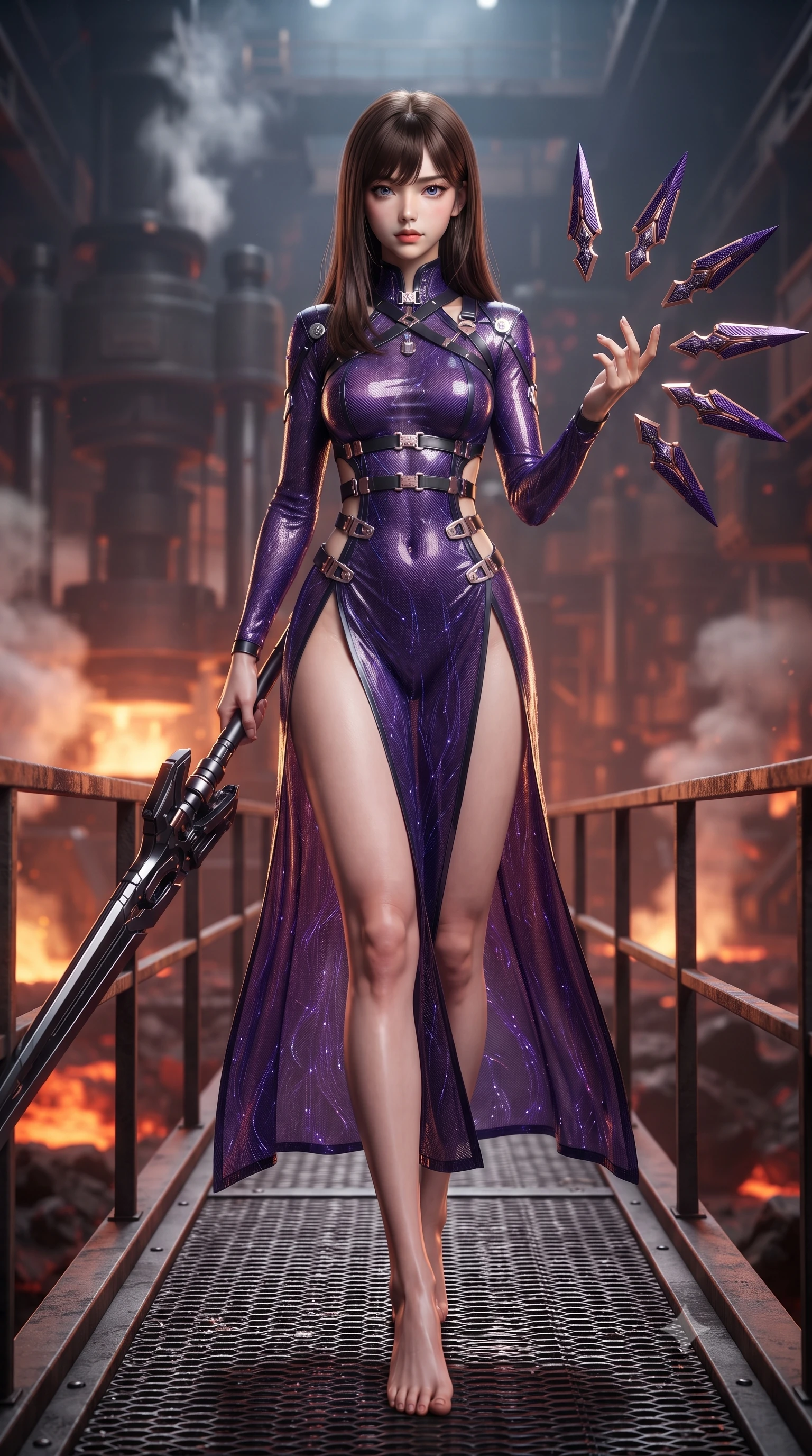score_9, masterpiece, best quality, ultra-detailed, high-budget anime keyframe, editorial fashion photography, tasteful artistic composition, Korean woman. low angle full-body shot from head to toe showing her feet, filling the entire 9:16 vertical frame with her statuesque presence, stretching her vertical silhouette. striding forward with commanding supermodel grace, weapon held at the ready, her 8.5-heads statuesque silhouette dominating the vertical frame from head to toe while stepping along a narrow steel bridge overlooking the volcanic forge with commanding, sovereign grace. The composition keeps background elements in soft focus with creamy bokeh. massive industrial forge hydraulic presses and steam vents softened in atmospheric shallow focus. She has an absolutely perfect, statuesque 8.5-heads proportion, an exceptionally tall and slender model-like female figure with impossibly long slender legs, a toned flat midriff, and an ultra-slim waist. sharp v-shaped jawline, high-bridge nose, intricate jewel-like eyes with depth, thick eyelashes, glossy lips with a natural sheen, flawlessly proportioned anatomical accuracy, strict slender model proportions, natural body alignment, perfectly sculpted long slender limbs, ultra-slim waistline, clean dynamic posture without body distortion. wearing a precision-fitted royal purple carbon-fiber battle-dress with high-slit tactical skirt and silver accents, directing eight floating nano-crystal funnel blades with sovereign gestures in royal purple carbon fiber with rose-gold hardware and clasps, crafted from semi-translucent cybernetic carbon-vinyl interwoven with glowing micro-filaments, complemented by criss-cross back harness straps highlighting her completely bare spine, the sleek second-skin cut tightly hugging her graceful clavicle, narrow waist, and feminine curves with athletic precision. surrounded by a fierce, elemental, and irresistibly powerful cyber-valkyrie of fire atmosphere. ultra-reflective glossy finish, specular highlights, dark metallic sheen, high-contrast stereoscopic depth, volumetric dynamic lighting, 2k, ultra detail, master piece, 9:16 ratio