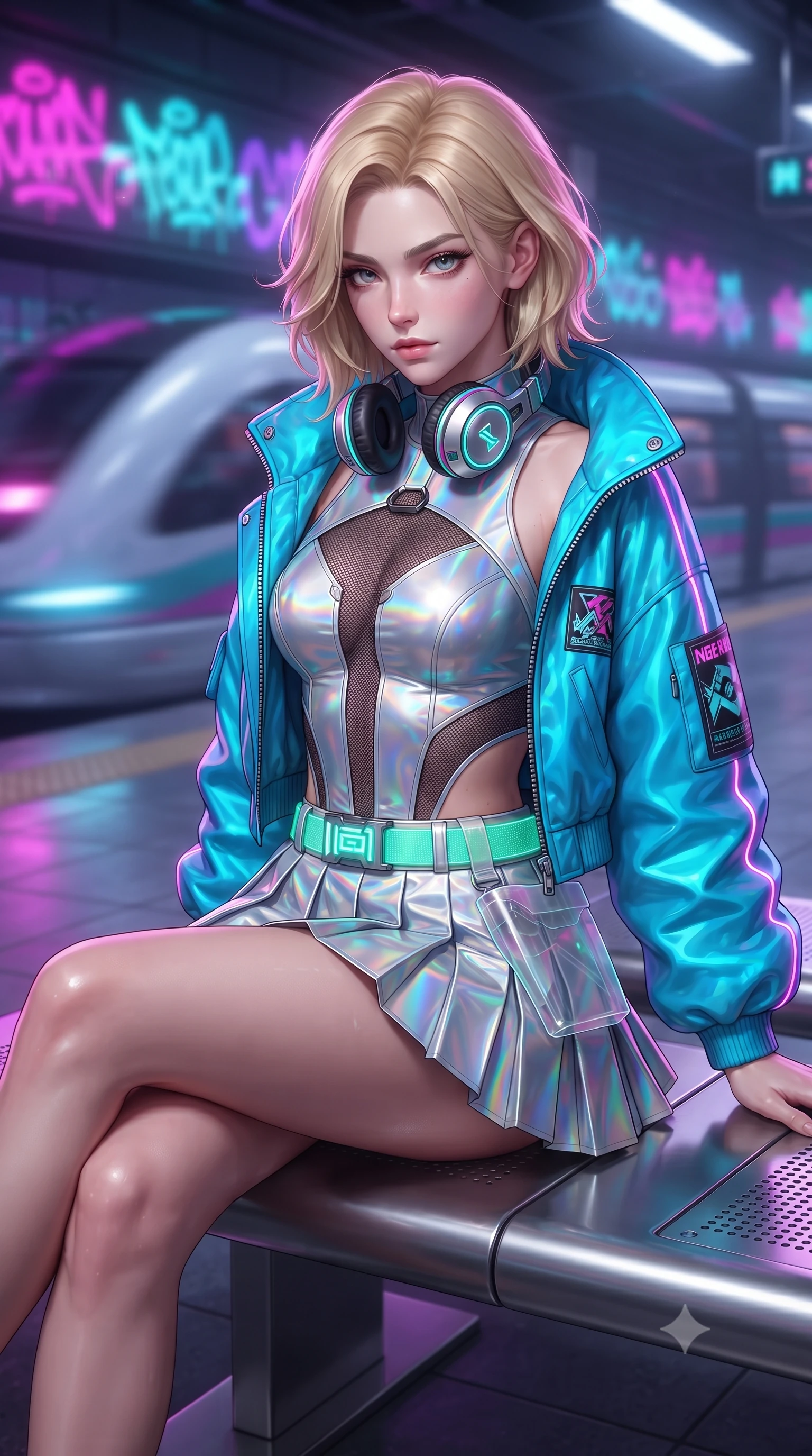 score_9, masterpiece, best quality, ultra-detailed, high-budget anime keyframe, editorial fashion photography, tasteful artistic composition, Caucasian woman. close-up cowboy shot from the waist and thighs up, the character dominates the composition, filling the frame with her large presence. turning over her shoulder with an indomitable, smoldering gaze, her soft hair framing her razor-sharp v-shaped jawline while sitting casually on a stainless steel station bench with legs crossed, headphones around her neck, looking directly into the lens. The composition keeps background elements in soft focus with creamy bokeh. speeding maglev train motion blur and glowing neon graffiti tags blurred into vivid magenta, cyan, and violet bokeh. She has an exceptionally elegant, slender, and willowy female figure with an ultra-slim waist, a gracefully sculpted slender torso, toned flat midriff, and a refined slim silhouette. sharp v-shaped jawline, high-bridge nose, intricate jewel-like eyes with depth, thick eyelashes, glossy lips with a natural sheen, captivating and magnetic expression, flawlessly proportioned anatomical accuracy, strict slender model proportions, natural body alignment, perfectly sculpted long slender limbs, ultra-slim waistline, clean dynamic posture without body distortion. wearing a cutout cyberpunk bodysuit paired with an oversized neon-piped bomber jacket and pleated micro-skirt in holographic silver and electric cyan, crafted from durable coated canvas and polished metallic hardware, complemented by a neon LED belt buckle and translucent vinyl holster, the glove-like aerodynamic second-skin fit tightly clinging to her ultra-slender waist and athletic curves without adding bulk, accentuating her razor-sharp statuesque lines and slim hourglass silhouette. surrounded by an edgy, electrifying, and irresistibly cool cyber-street idol aura. ultra-reflective glossy finish, specular highlights, rich textural contrasts, high-contrast stereoscopic depth, volumetric dynamic lighting, 2k, ultra detail, master piece, 9:16 ratio