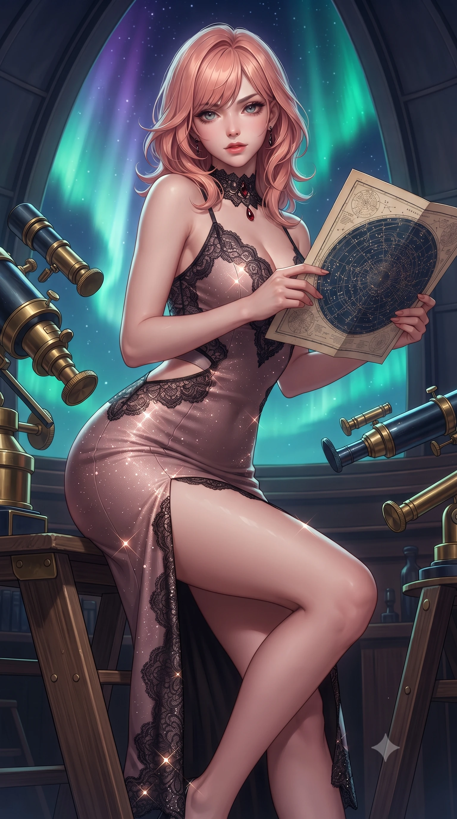 score_9, masterpiece, best quality, ultra-detailed, high-budget anime keyframe, editorial fashion photography, tasteful artistic composition, Japanese woman. close-up cowboy shot from the waist and thighs up, the character dominates the composition, filling the frame with her large presence. leaning forward while arching her lower back to accentuate her curvy hips, looking into the camera with an intoxicating smoldering gaze and bedroom-eyes while sitting perched on the observatory wooden ladder with legs crossed, holding an antique star chart with effortless sovereign charm. The surrounding environment is rendered in vivid detail and crisp panoramic clarity: sharp polished brass telescope tube reflections, knurled adjustment knobs, and constellation chart engravings in deep focus. She has an exceptionally elegant, slender, and willowy female figure with an ultra-slim waist, flat toned midriff, narrow ribcage, and sculpted feminine hips creating an alluring, slim hourglass silhouette without bulk. sharp v-shaped jawline, high-bridge nose, sparkling eyes with hypnotic seductive depth, thick curled eyelashes, glossy parted lips with a natural dewy peach sheen, alluring bedroom-eyes with an enchanting coquettish smile, exuding magnetic siren charisma and sophisticated glamour, flawlessly proportioned anatomical accuracy, strict slender model proportions, natural body alignment, perfectly sculpted long slender limbs, ultra-slim waistline, clean dynamic posture without body distortion. wearing a sculptural liquid jersey column dress with a dramatic hip-high side slit and asymmetrical cutout waist darts in dusky blush rose and antique black lace, woven from stretch metallic lurex jersey casting radiant starlight glints across her silhouette, accented with an ornate black lace Victorian choker featuring a single blood-red teardrop garnet, the high-slit wrap tailoring accentuating her ultra-slim waistline and the enchanting curve of her feminine hips with alluring seductive charm. bathed in the glowing emerald and violet luminescence of the aurora borealis overhead. ultra-reflective glossy finish, specular highlights, rich textural contrasts, high-contrast stereoscopic depth, volumetric dynamic lighting, 2k, ultra detail, master piece, 9:16 ratio