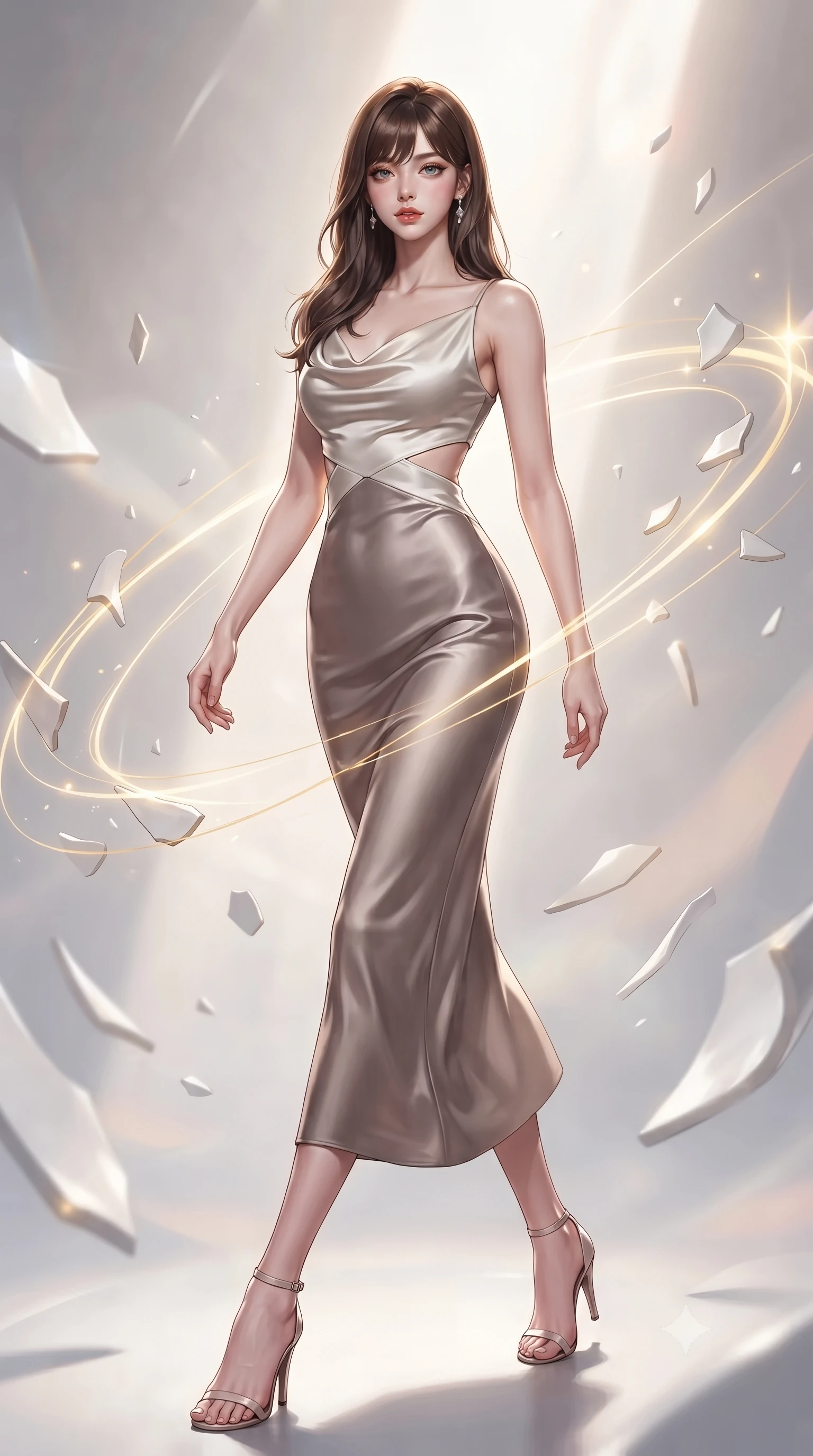score_9, masterpiece, best quality, ultra-detailed, high-budget anime keyframe, editorial fashion photography, tasteful artistic composition, Korean woman. low angle full-body shot from head to toe showing her feet, filling the entire 9:16 vertical frame with her statuesque presence, stretching her vertical silhouette. forging dynamically through the scene with her long slender legs and ultra-slim waist creating a sweeping S-curve while stepping forward with proud posture as alchemy light beams illuminate her statuesque figure, golden light threads binding broken ceramic pieces in dynamic orbital motion. She has an absolutely perfect, statuesque 8.5-heads proportion, an exceptionally tall and slender model-like female figure with impossibly long slender legs and an ultra-slim waist. sharp v-shaped jawline, high-bridge nose, intricate jewel-like eyes with depth, thick eyelashes, glossy lips with a natural sheen, flawlessly proportioned anatomical accuracy, natural body alignment, perfectly sculpted elegant limbs, clean dynamic posture without body distortion. wearing an elegant cowl-neck satin midi dress with a graceful draped neckline in muted taupe and soft ivory, made of premium stretch velvet with a rich sheen, featuring subtle geometric cutouts that highlight her ultra-slim midriff, the elegant draped fit framing her graceful clavicle and slender torso. surrounded by a majestic inner radiance highlighting glossy white porcelain. ultra-reflective glossy finish, specular highlights, metallic sheen, high-contrast stereoscopic depth, volumetric dynamic lighting, 2k, ultra detail, master piece, 9:16 ratio