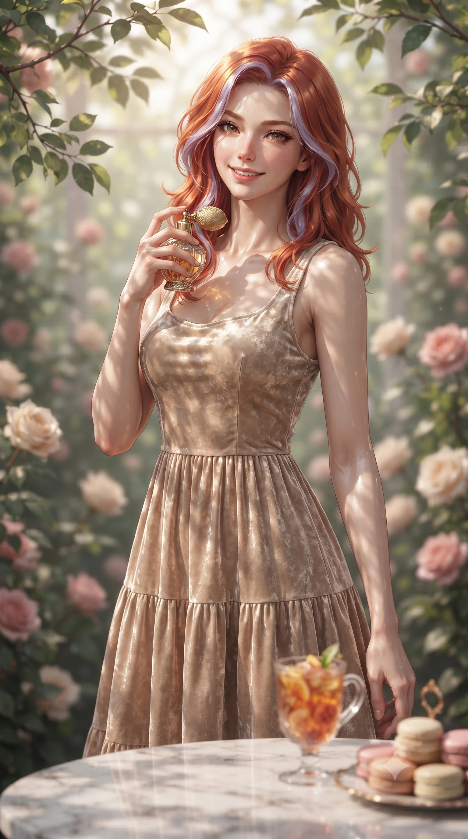 score_9, masterpiece, best quality, ultra-detailed, high-budget anime keyframe, editorial fashion photography, tasteful artistic composition, Caucasian woman. close-up cowboy shot from the waist and thighs up, the character dominates the composition, filling the frame with her large presence, background elements kept in soft focus. holding a vintage perfume bottle to her neck, smiling with quiet magnetic self-assurance set against a soft-focus background of inside an exclusive rose conservatory with a glass of iced fruit tea and delicate macaron pastries arranged on the table. She has an exceptionally elegant, slender, and willowy female figure with an ultra-slim waist, a gracefully sculpted slender torso, and a refined silhouette. sharp v-shaped jawline, high-bridge nose, intricate jewel-like eyes with depth, thick eyelashes, glossy lips with a natural sheen. wearing form-contouring warm beige crushed velvet flowy linen sundress with a comfortable tiered skirt silhouette featuring refined tailored seams. highlighted by dappled sunlight filtering through leafy branches, creating soft organic patterns. ultra-reflective glossy finish, specular highlights, metallic sheen, high-contrast stereoscopic depth, volumetric dynamic lighting, 2k, ultra detail, master piece, 9:16 ratio
