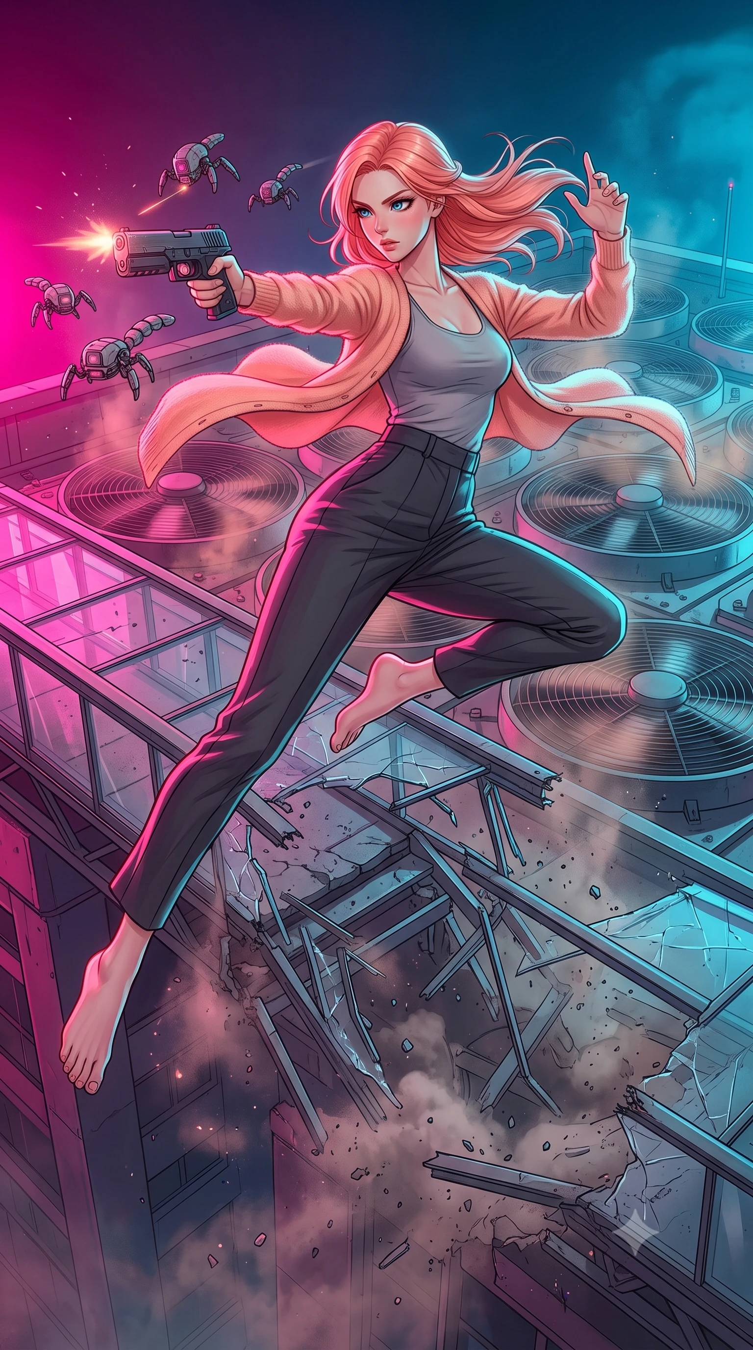 score_9, masterpiece, best quality, ultra-detailed, high-budget anime keyframe, editorial fashion photography, tasteful artistic composition, Japanese woman. low angle full-body shot from head to toe showing her feet, filling the entire 9:16 vertical frame with her statuesque presence, stretching her vertical silhouette. leaping dynamically off a collapsing sky-bridge while firing back at security drones through a high rooftop terrace covered in giant spinning industrial fans, blowing heavy warm air and dust into the night sky. She has a statuesque 8.5-heads proportion, an exceptionally tall, slender and willowy model-like build with impossibly long legs and a highly sculpted ultra-slim waist. sharp v-shaped jawline, high-bridge nose, intricate jewel-like eyes with depth, thick eyelashes, glossy lips with a natural sheen. wearing the lightweight fabric rippling and billowing dramatically with her movement, a slim-fit mohair cardigan in a soft peach hue over a grey tank top and high-waisted charcoal trousers. highly saturated vibrant anime colors, intense vivid color palette, soft 3D volumetric shading, volumetric dynamic lighting, dual-tone lighting with hot magenta from the left and cool cyan from the right. 2k, ultra detail, master piece, 9:16 ratio