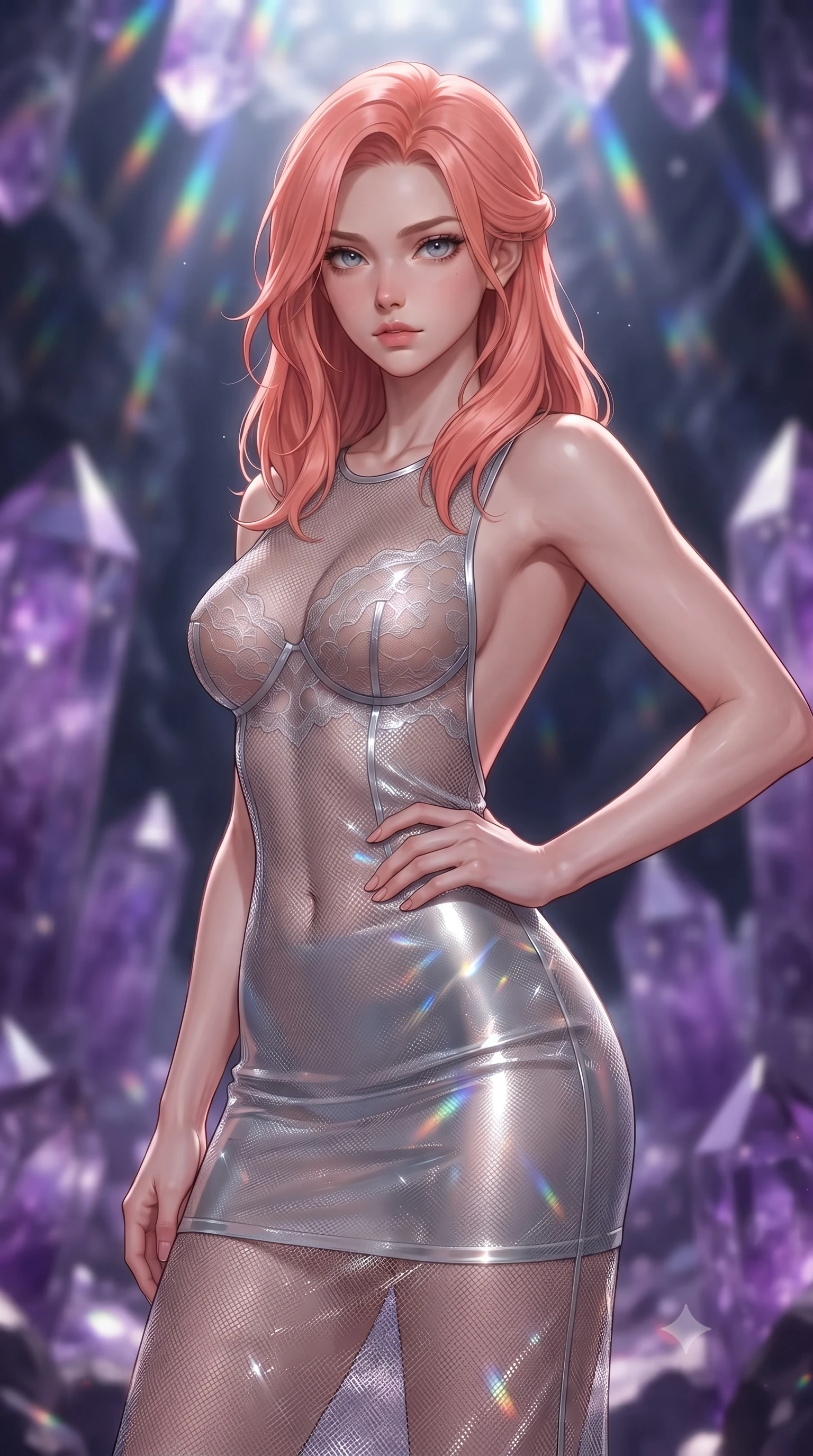 score_9, masterpiece, best quality, ultra-detailed, high-budget anime keyframe, editorial fashion photography, tasteful artistic composition, Japanese woman woman. close-up cowboy shot from the waist and thighs up, the character dominates the composition, filling the frame with her large presence, background elements kept in soft focus. She has an exceptionally elegant, slender, and willowy female figure with an ultra-slim waist, a gracefully sculpted slender torso, and a refined silhouette. holding a confident power pose with one hand on her hip, looking directly into the camera with quiet self-assurance, flawlessly proportioned anatomical accuracy, natural body alignment, perfectly sculpted elegant limbs, clean dynamic posture without body distortion. set against a soft-focus background of a deep geode cavern filled with giant purple amethyst crystal pillars. wearing a translucent silver mesh bodycon dress with sheer lace bustier cups and open back. bathed in cold silver moonlight and refracting rainbow prismatic light from overhead crystals. ultra-reflective glossy finish, specular highlights, metallic sheen, high-contrast stereoscopic depth, volumetric dynamic lighting, 2k, ultra detail, master piece, 9:16 ratio