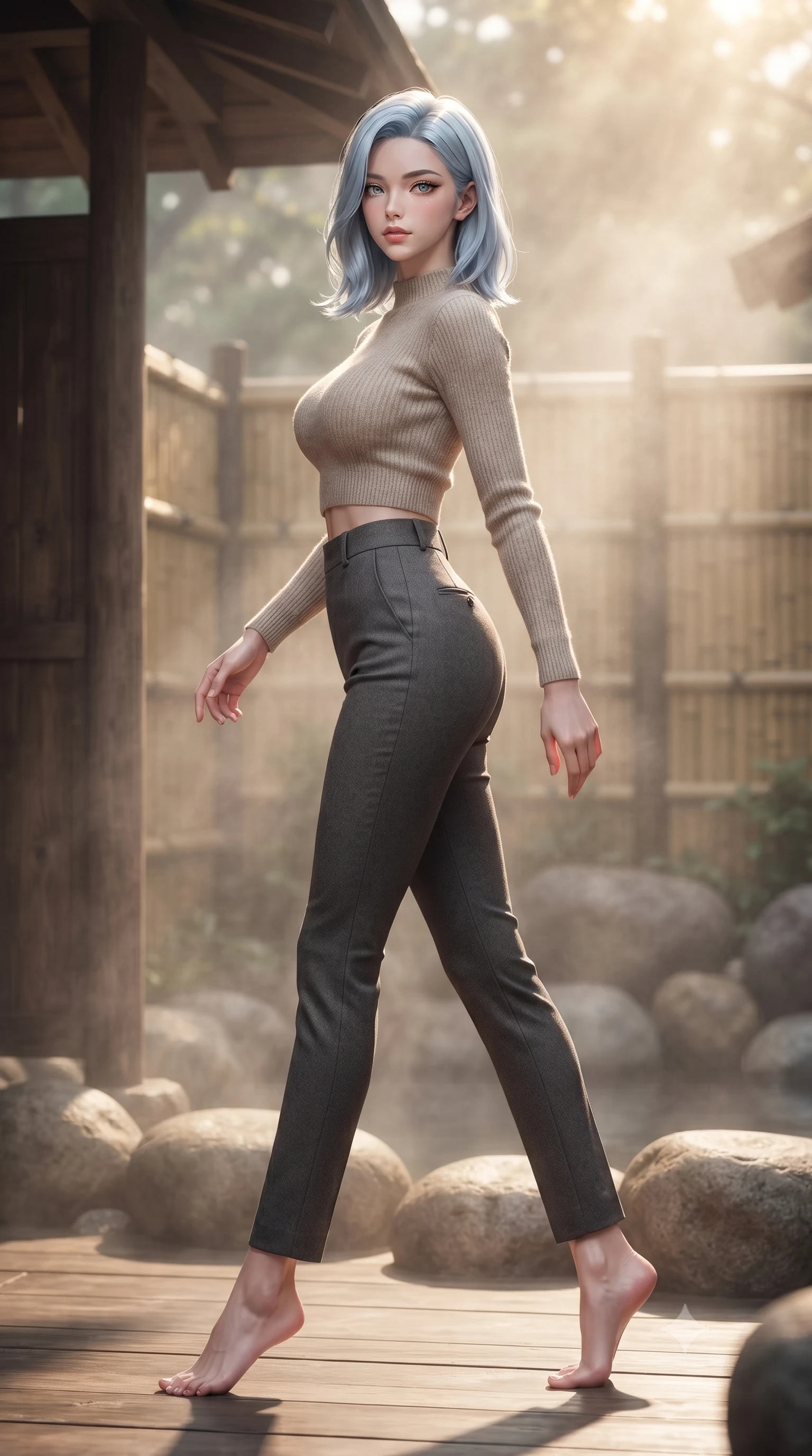 score_9, masterpiece, best quality, ultra-detailed, high-budget anime keyframe, editorial fashion photography, tasteful artistic composition, Korean woman woman. low angle full-body shot from head to toe showing her feet, filling the entire 9:16 vertical frame with her statuesque presence, stretching her vertical silhouette. stepping gracefully while looking back over her shoulder, her dress draped tightly to reveal her silhouette the background shows a soft-focus a wooden deck of a private hot spring (onsen) with cedar wood partitions and bamboo fences. She has an absolutely perfect, statuesque 8.5-heads proportion, an exceptionally tall and slender model-like female figure with impossibly long slender legs and an ultra-slim waist. sharp v-shaped jawline, high-bridge nose, intricate jewel-like eyes with depth, thick eyelashes, glossy lips with a natural sheen. wearing a body-hugging tight-fitting crop sweater in oatmeal wool, paired with high-waisted form-fitting pants. soft morning mist diffusing the warm sunbeams, creating a tranquil atmosphere. ultra-reflective glossy finish, specular highlights, metallic sheen, high-contrast stereoscopic depth, volumetric dynamic lighting, 2k, ultra detail, master piece, 9:16 ratio