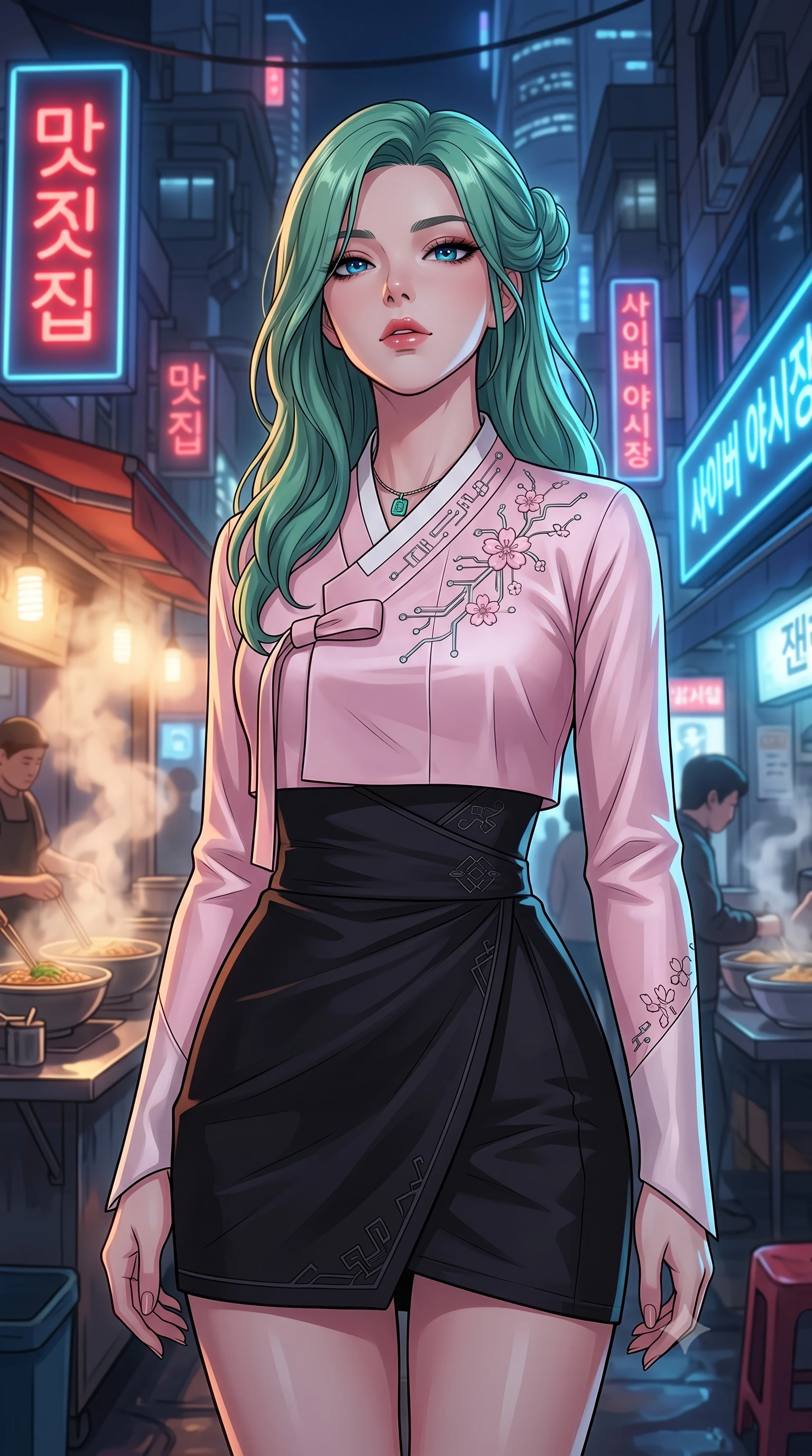 score_9, masterpiece, best quality, ultra-detailed, high-budget anime keyframe, tasteful artistic composition, Japanese woman. close-up cowboy shot from the waist and thighs up, the character dominates the composition, filling the frame with her large presence, background elements kept in soft focus. tilting her chin up slightly with lips parted in a composed, provocative expression the background shows a soft-focus a cyber-noir street market with steaming noodle stalls and neon signage. She has an exceptionally elegant, slender, and willowy female figure with an ultra-slim waist, a gracefully sculpted slender torso, and a refined silhouette. sharp v-shaped jawline, high-bridge nose, intricate jewel-like eyes with depth, thick eyelashes, glossy lips with a natural sheen. wearing a form-contouring modern fusion hanbok jeogori in light pink silk, paired with a high-waisted wrap skirt. dappled warm steam glow contrasting with cool blue shadow lighting. highly saturated vibrant anime colors, cel-shading, 2d style, master piece, 9:16 ratio