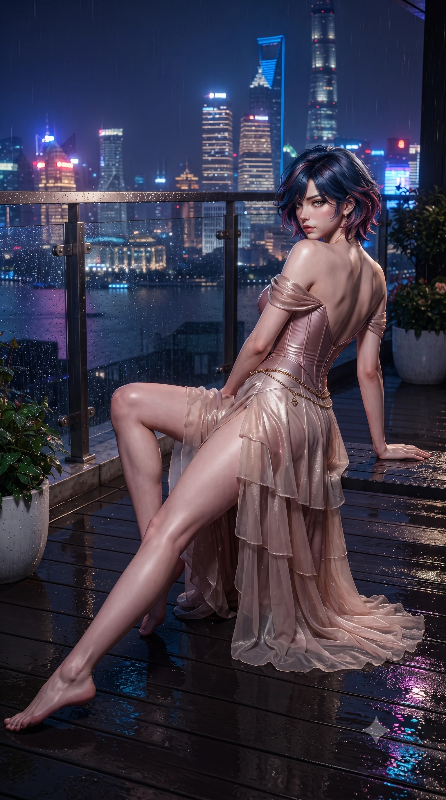 score_9, masterpiece, best quality, ultra-detailed, high-budget anime keyframe, editorial fashion photography, tasteful artistic composition, Korean woman. low angle full-body shot from head to toe showing her feet, filling the entire 9:16 vertical frame with her statuesque presence, stretching her vertical silhouette. reclining on her side in an elegant Cleopatra pose with one knee drawn up, the dramatic contour of her rounded hips and long slender legs commanding the 9:16 vertical frame while crouching gracefully on the rain-slicked balcony deck, glancing back with smoldering bedroom-eyes as neon reflections wash over her dress. The surrounding environment is rendered in vivid detail and crisp panoramic clarity. rich high-contrast Shanghai modern noir chiaroscuro and ultra-luxury Oriental grand touring aesthetics in precision. She has an exceptionally tall and slender model-like 8.5-heads proportion, an ultra-slim waist, a flat toned midriff, narrow delicate ribcage, and beautifully sculpted feminine hips creating a graceful, slim hourglass silhouette without any bulky heaviness, with impossibly long slender legs. sharp v-shaped jawline, high-bridge nose, intricate jewel-like eyes with depth, thick eyelashes, glossy parted lips with a natural sheen, intensely captivating and seductive bedroom-eyes expression, flawlessly proportioned anatomical accuracy, strict slender model proportions, natural body alignment, perfectly sculpted long slender limbs, ultra-slim waistline, clean dynamic posture without body distortion. wearing an off-shoulder French court corset bodice dress paired with a tiered translucent chiffon slit skirt in dusky blush rose and champagne shimmer, crafted from second-skin supple lambskin leather with liquid drape, accented with a delicate gold chain belt resting loosely on her curvy hips, the second-skin form-contouring cut accentuating her sculpted flat midriff, narrow delicate ribcage, and gracefully curvy hips with supermodel precision. illuminated by wet specular bounce lights sharply sculpting her narrow waist, bare spine, and curvy hips. ultra-reflective glossy finish, specular highlights, rich textural contrasts, high-contrast stereoscopic depth, volumetric dynamic lighting, 2k, ultra detail, master piece, 9:16 ratio