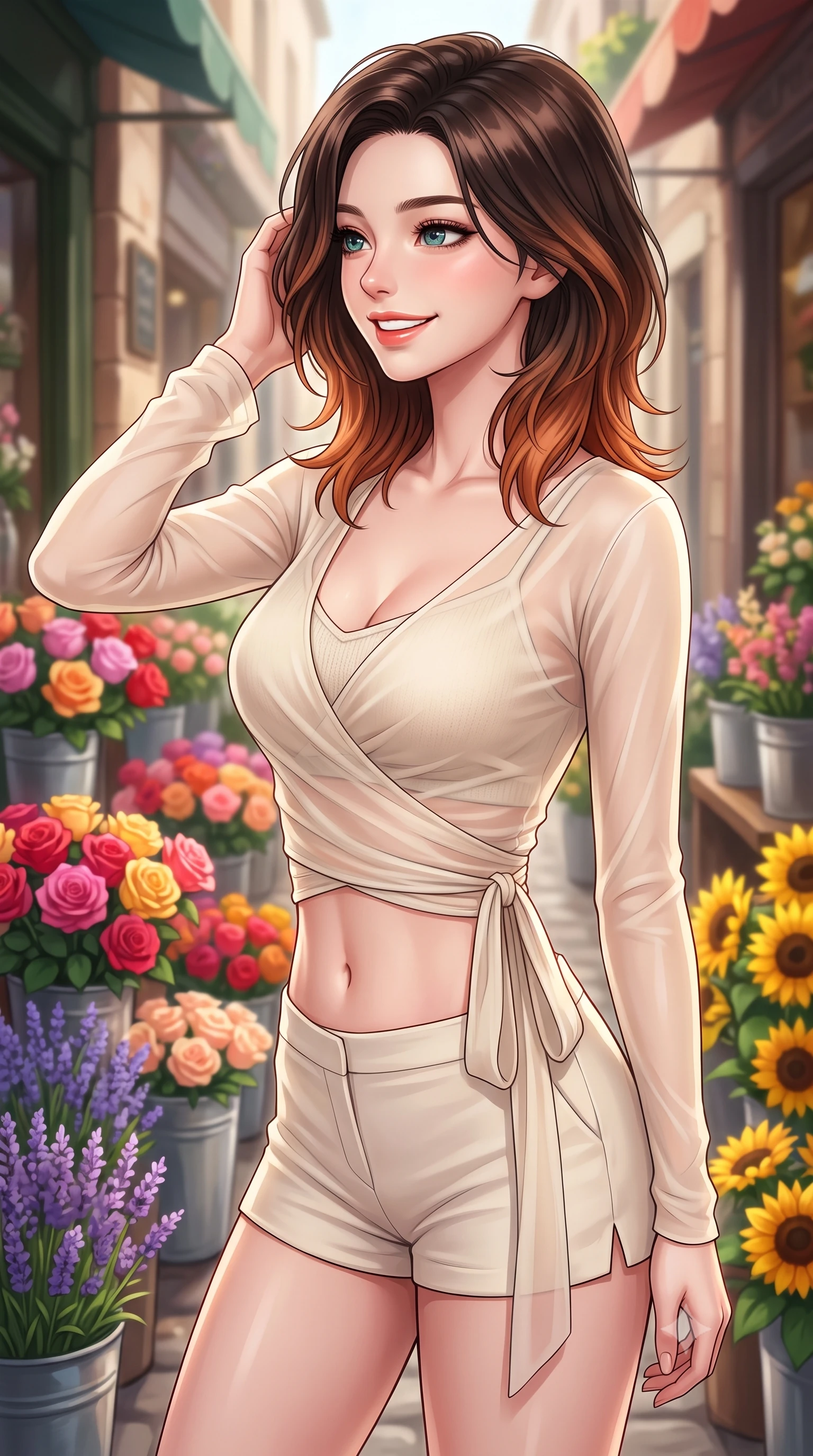 score_9, masterpiece, best quality, ultra-detailed, high-budget anime keyframe, editorial fashion photography, tasteful artistic composition, Korean woman. close-up cowboy shot from the waist and thighs up, the character dominates the composition, filling the frame with her large presence, background elements kept in soft focus. gazing past the camera with a happy, bright expression and a warm smile set against a soft-focus background of outside a charming flower shop alley filled with buckets of colorful roses with buckets of fresh lavender and yellow sunflowers lining the alley. She has an exceptionally elegant, slender, and willowy female figure with an ultra-slim waist, a gracefully sculpted slender torso, and a refined silhouette. sharp v-shaped jawline, high-bridge nose, intricate jewel-like eyes with depth, thick eyelashes, glossy lips with a natural sheen. wearing body-hugging sheer chiffon wrap top in cream, worn over a slim-fit knit bralette and low-cut shorts. soft diffused daylight creating a warm, cozy and nostalgic atmosphere. highly saturated vibrant anime colors, detailed shading with soft gradients, rich glossy textures, high-contrast stereoscopic depth, volumetric dynamic lighting, master piece, 9:16 ratio