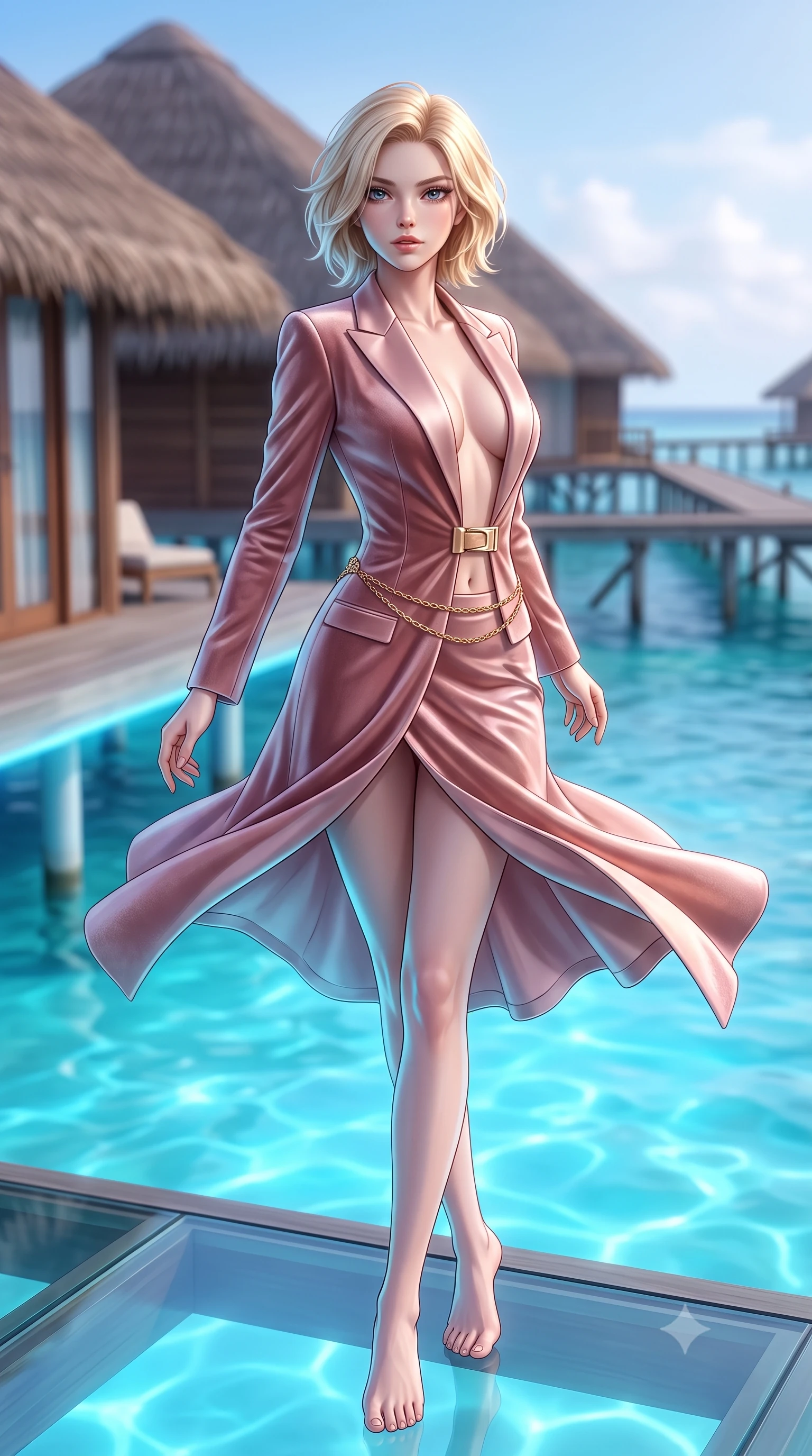 score_9, masterpiece, best quality, ultra-detailed, high-budget anime keyframe, semi-realistic 3D game render, editorial fashion photography, tasteful artistic composition, Caucasian woman. low angle full-body shot from head to toe showing her feet, filling the entire 9:16 vertical frame with her statuesque presence, stretching her vertical silhouette. executing an elegant mid-motion pivot turn as garments swirl around her slender limbs, glancing over her shoulder with an intoxicating bedroom-gaze while sitting perched on the edge of the glass floor terrace with legs crossed, her toned flat midriff glowing in the ethereal blue tide. The composition keeps background elements in soft focus with creamy bokeh. thatched villa roofs and distant wooden stilt walkways softened in dreamy tropical shallow focus. She has an exceptionally tall and slender model-like 8.5-heads proportion, an ultra-slim waist, a flat toned midriff, narrow delicate ribcage, and beautifully sculpted feminine hips creating a graceful, slim hourglass silhouette without any bulky heaviness, with impossibly long slender legs. sharp v-shaped jawline, high-bridge nose, intricate jewel-like eyes with depth, thick eyelashes, glossy parted lips with a natural sheen, intensely captivating and seductive bedroom-eyes expression, flawlessly proportioned anatomical accuracy, strict slender model proportions, natural body alignment, perfectly sculpted long slender limbs, ultra-slim waistline, clean dynamic posture without body distortion. wearing a tailored velvet tuxedo jacket dress with satin lapels, worn with a deep plunge neckline and gold hip buckle in dusky blush rose and champagne shimmer, tailored from ultra-smooth duchess satin with a pearlescent sheen, accented with a delicate gold chain belt resting loosely on her curvy hips, the glove-like aerodynamic silhouette tightly following the natural contour of her hips and long slender legs with statuesque 8.5-heads elegance. illuminated by sparkling aquatic highlights carving her razor-sharp jawline, narrow waist, and curvy hips. highly saturated vibrant anime colors, detailed shading with soft gradients, rich glossy textures, high-contrast stereoscopic depth, volumetric dynamic lighting, master piece, 9:16 ratio