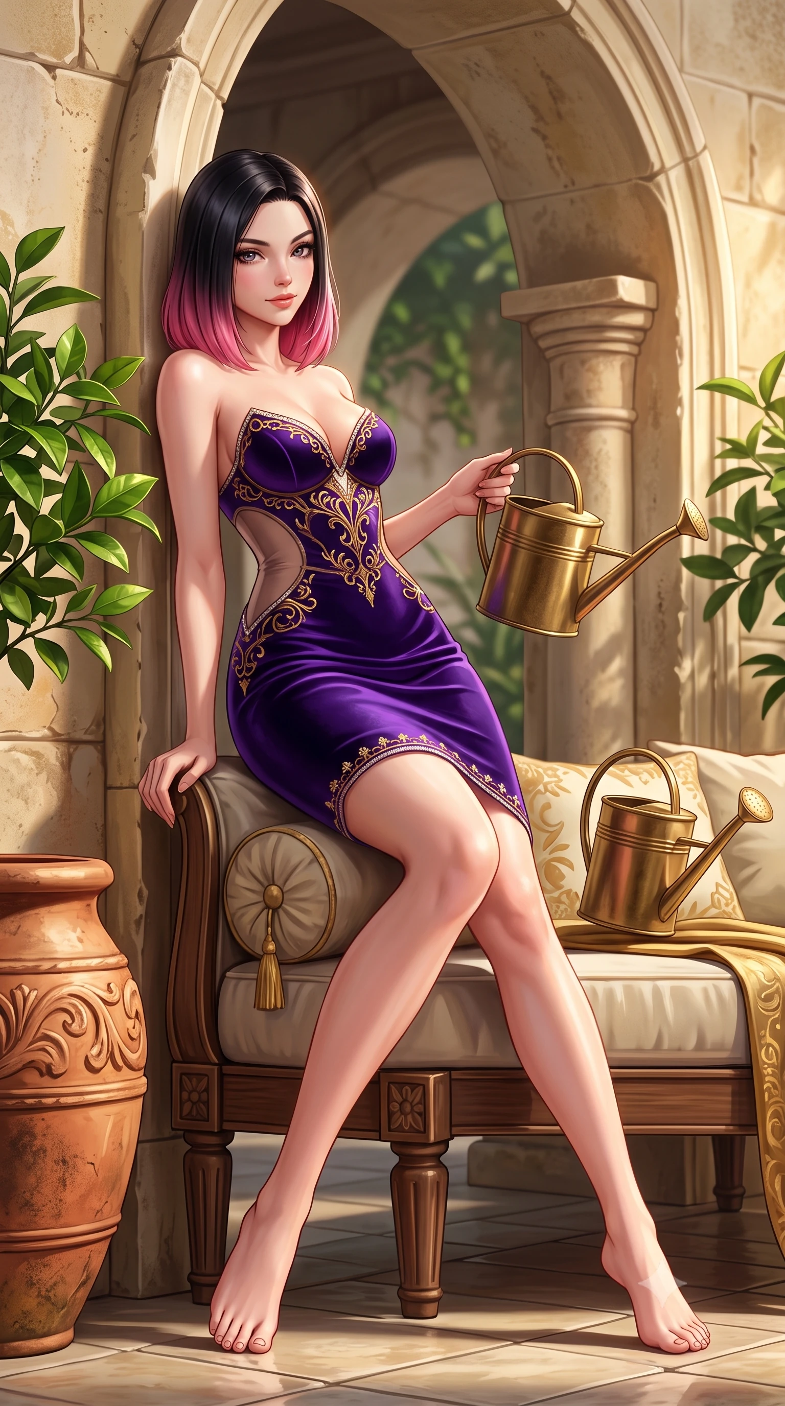 score_9, masterpiece, best quality, ultra-detailed, high-budget anime keyframe, semi-realistic 3D game render, editorial fashion photography, tasteful artistic composition, Korean woman. low angle full-body shot from head to toe showing her feet, filling the entire 9:16 vertical frame with her statuesque presence, stretching her vertical silhouette. lounging on the lavish daybed with legs crossed and hips angled toward the camera, displaying her toned midriff and long slender limbs with effortless siren poise while leaning against the classic limestone archway with hips cocked back, looking over a bare shoulder with an intoxicating bedroom-smile. The surrounding environment is rendered in vivid detail and crisp panoramic clarity: sharp aged terracotta pot relief patterns, glossy citrus leaf veins, and honeyed limestone wall textures in deep focus. She has an absolutely perfect, statuesque 8.5-heads proportion, an exceptionally tall and slender model-like female figure with impossibly long slender legs, an ultra-slim waist, a flat toned midriff, narrow delicate ribcage, and beautifully sculpted feminine hips creating a graceful, slim hourglass silhouette without any bulky heaviness. sharp v-shaped jawline, high-bridge nose, sparkling eyes with hypnotic seductive depth, thick curled eyelashes, glossy parted lips with a natural dewy peach sheen, alluring bedroom-eyes with an enchanting coquettish smile, exuding magnetic siren charisma and sophisticated glamour, flawlessly proportioned anatomical accuracy, strict slender model proportions, natural body alignment, perfectly sculpted long slender limbs, ultra-slim waistline, clean dynamic posture without body distortion. wearing a deep sweetheart-neckline velvet bodycon dress with sheer side-torso cutouts accentuating her hourglass curves in high-roller royal purple velvet and gilded bronze with crystal trims, crafted from fluid liquid silk satin that clings smoothly to every curve with a dewy sheen, finished with an antique brass watering can held casually at her side, the form-contouring silhouette accentuating her sculpted flat midriff, narrow delicate ribcage, and gracefully curvy hips with intoxicating allure. illuminated by stone floor bounce and sharp warm-gold rim lights sculpting her jawline, ultra-slim waist, and curvy hips. highly saturated vibrant anime colors, detailed shading with soft gradients, rich glossy textures, high-contrast stereoscopic depth, volumetric dynamic lighting, master piece, 9:16 ratio