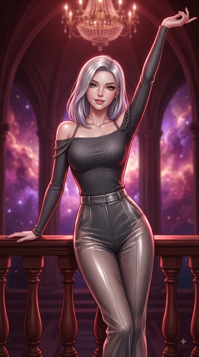 score_9, masterpiece, best quality, ultra-detailed, high-budget anime keyframe, editorial fashion photography, tasteful artistic composition, Caucasian woman. close-up cowboy shot from the waist and thighs up, the character dominates the composition,